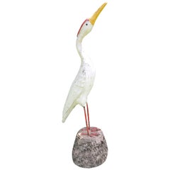 Tall French Cast Stone White Heron Statue with Iron Legs