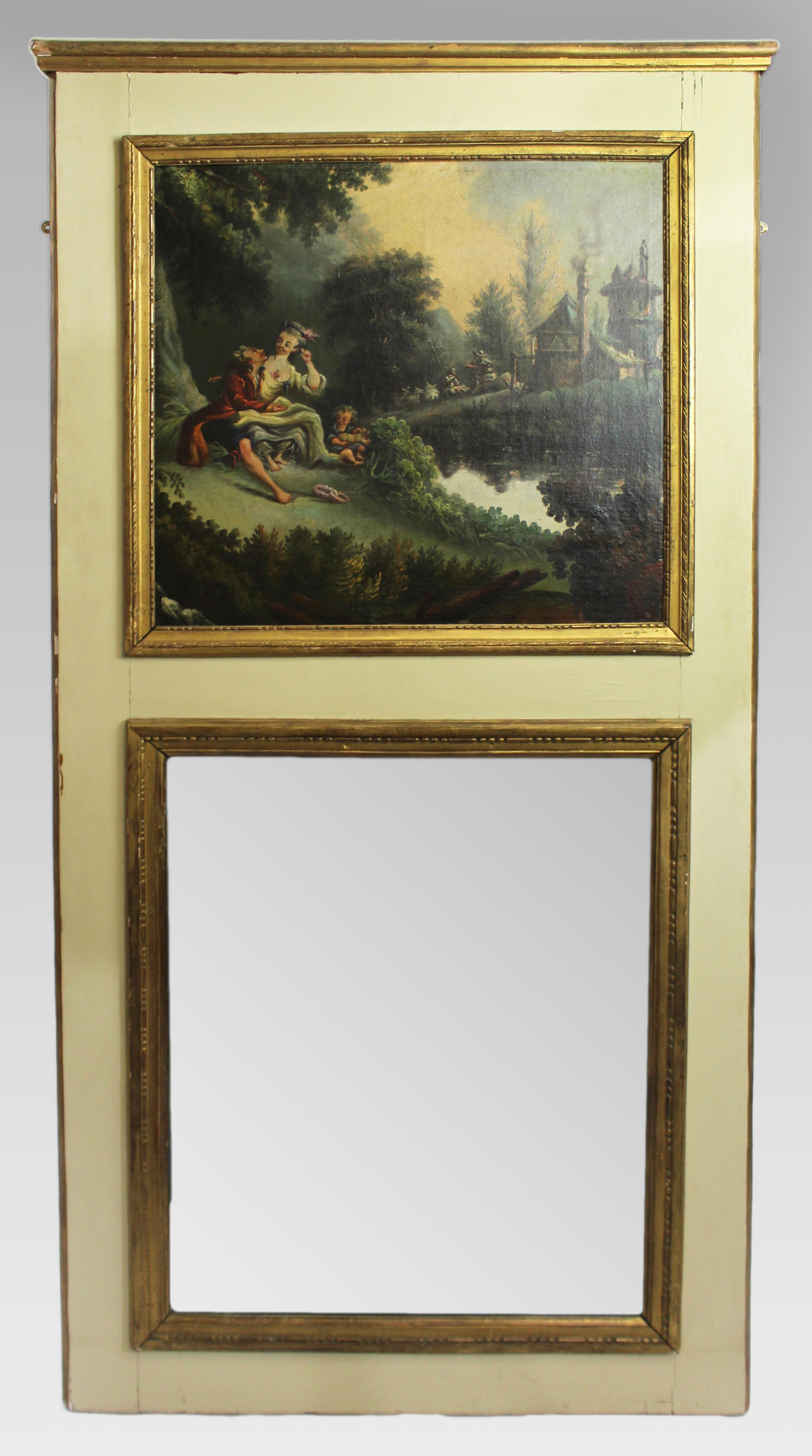 Großer französischer Trumeau-Spiegel mit Pastoral-Ölgemälde, um 1890

Ein charmanter und dekorativer französischer Trumeau-Spiegel aus dem späten 19. Jahrhundert, der aus einem Schlossinterieur stammt. Das Stück zeigt eine fein gemalte