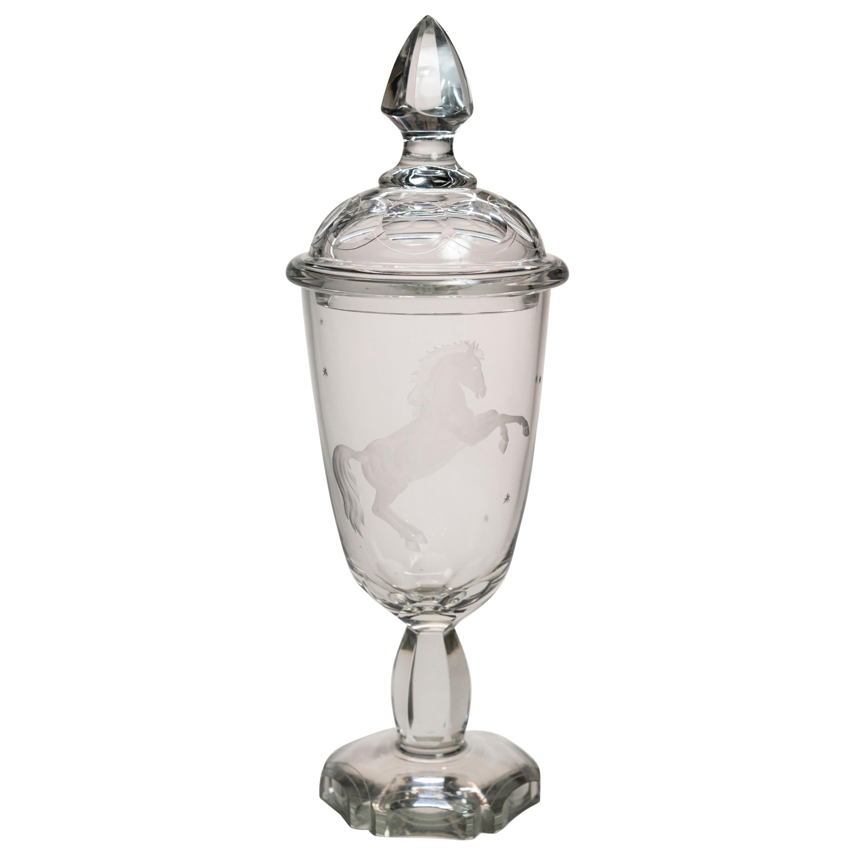 Tall  French Crystal Horse Etched Bonbonnière 