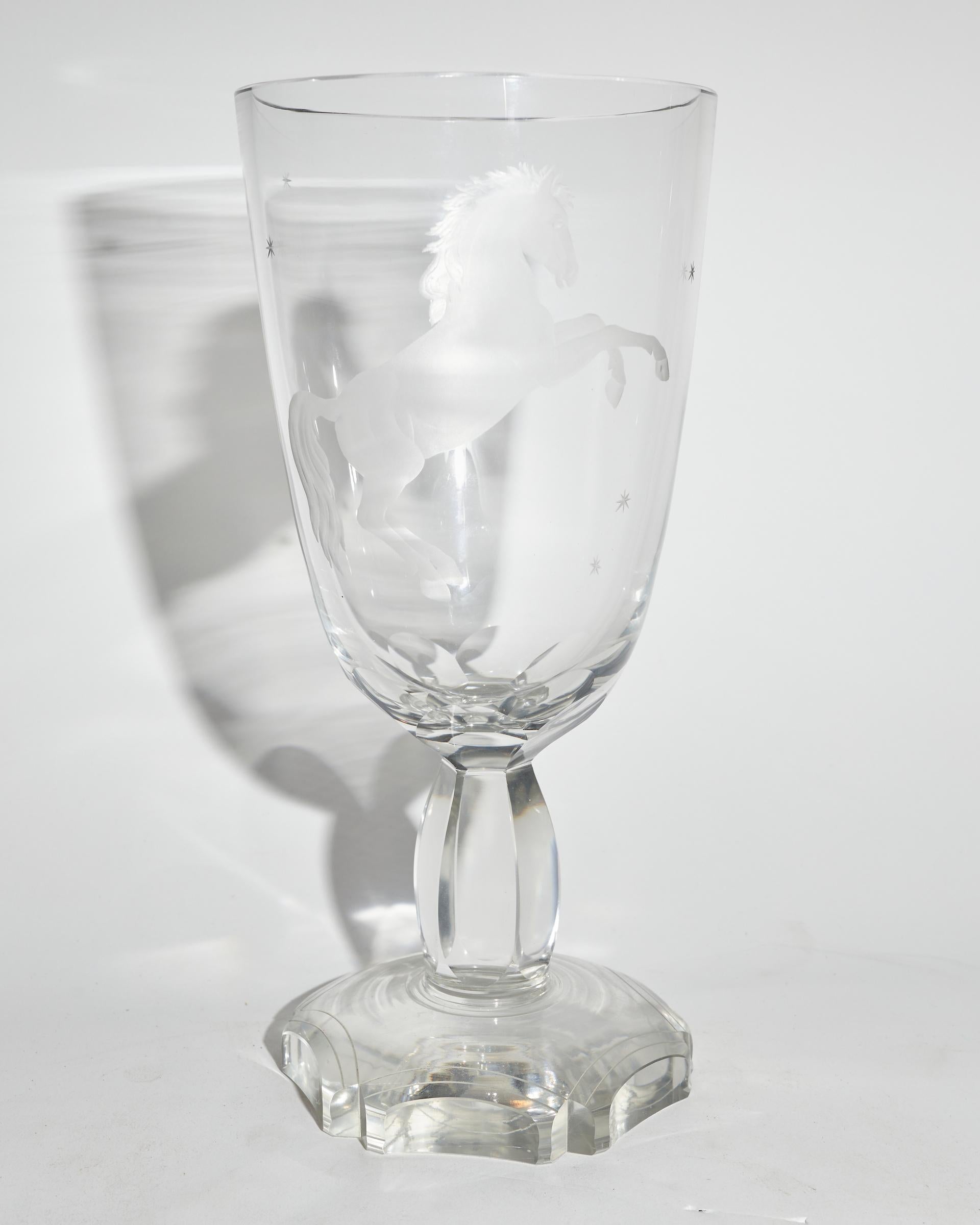 Tall French Crystal Horse Etched Bonbonnière on Stem  For Sale 1