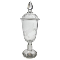 Tall French Crystal Horse Etched Bonbonnière on Stem France