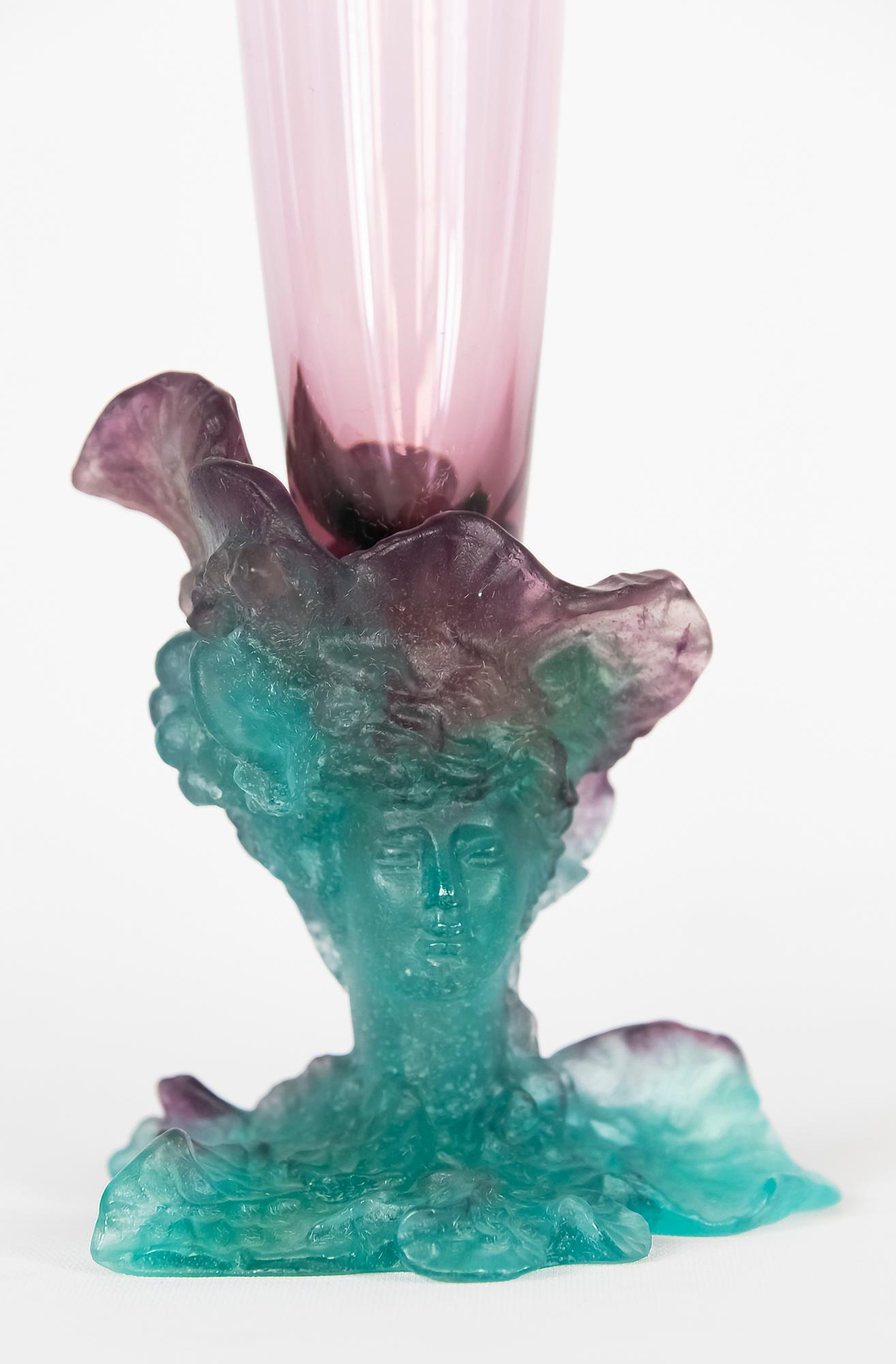Tall French Daum Bacchus vase with amethyst glass top and green pâte de verre bottom, decorated with a woman face, grapes and leaves. Circa 2000.
Signed 