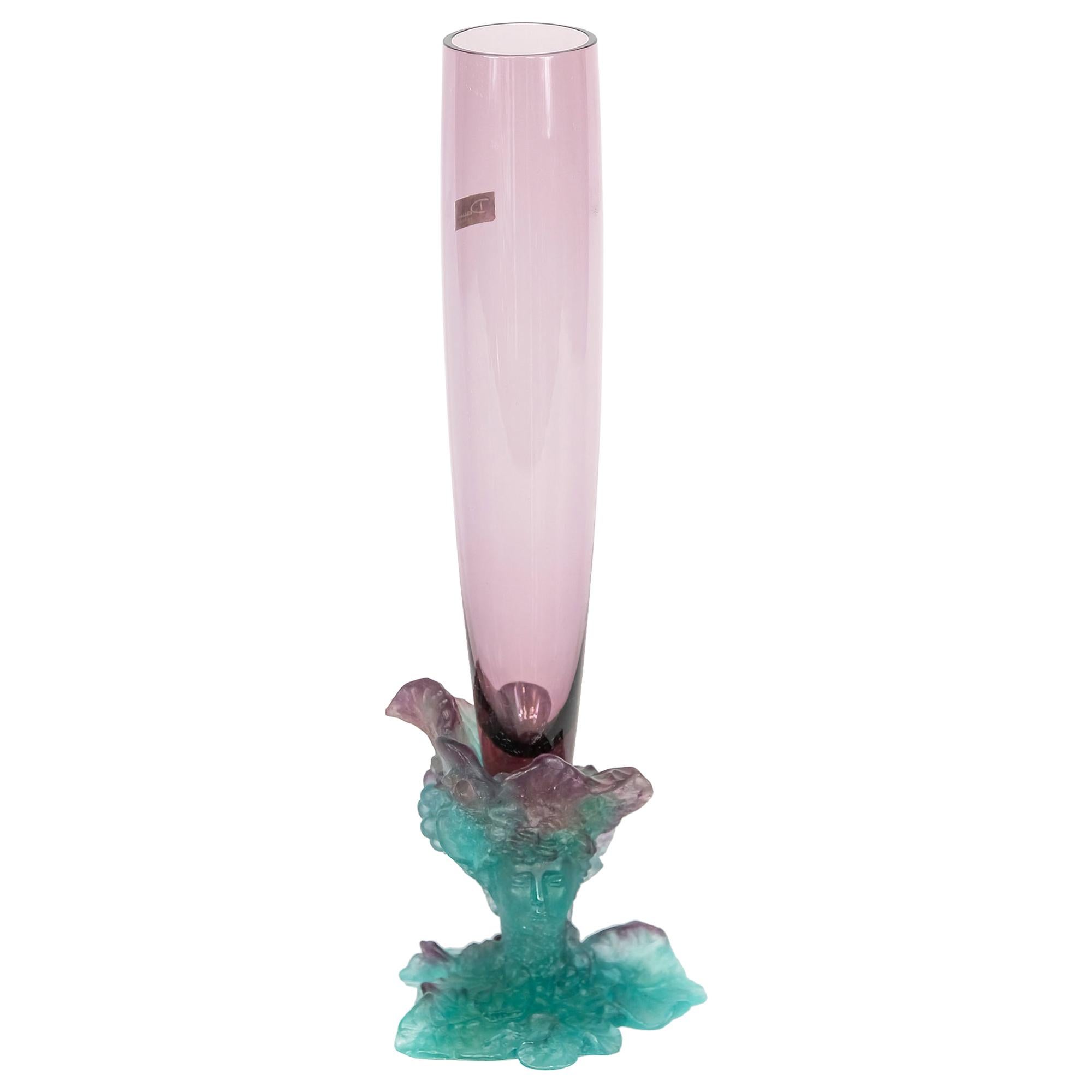 Tall French Daum Bacchus Green Amethyst Vase Pâté de Verre