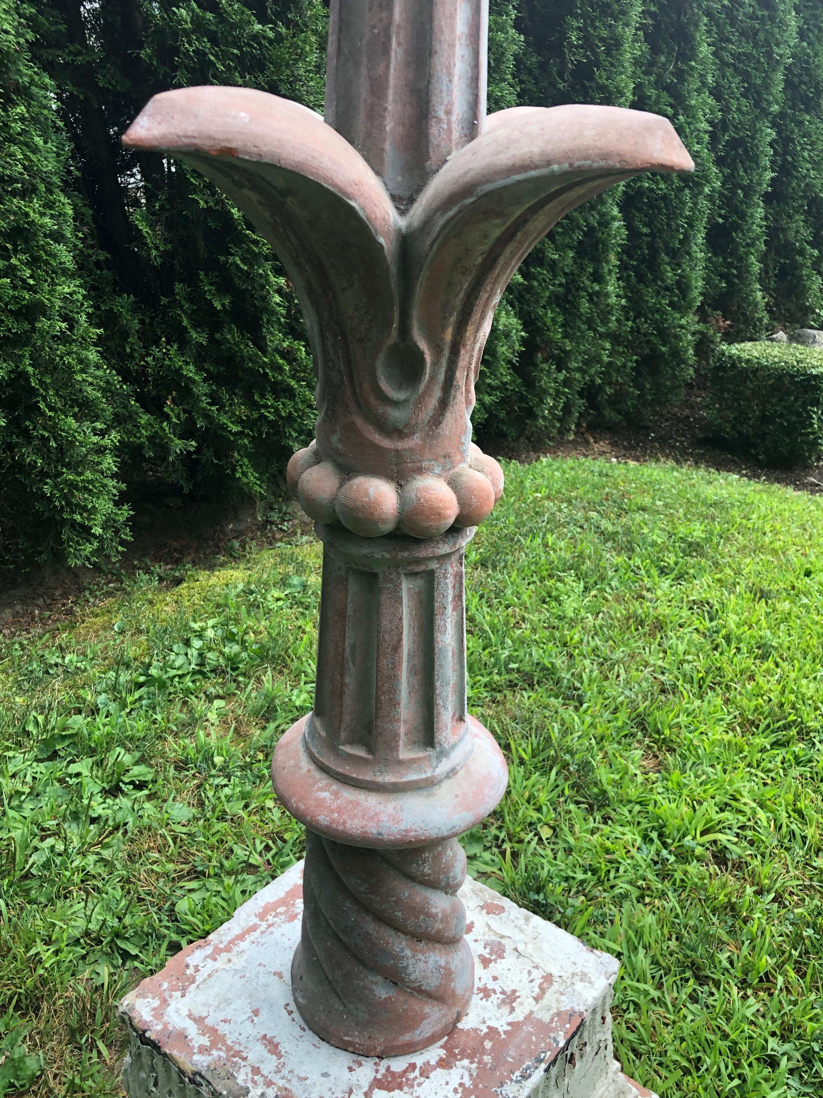 Tall French Fleurs-de-Lys Terracotta Finial on English Terracotta Plinth For Sale 6