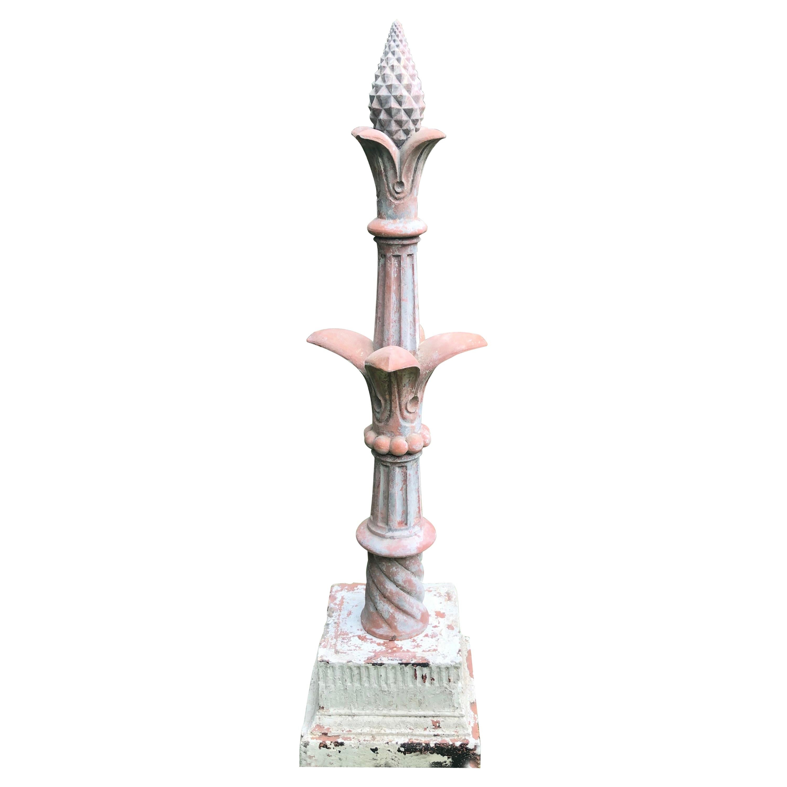 Tall French Fleurs-de-Lys Terracotta Finial on English Terracotta Plinth For Sale