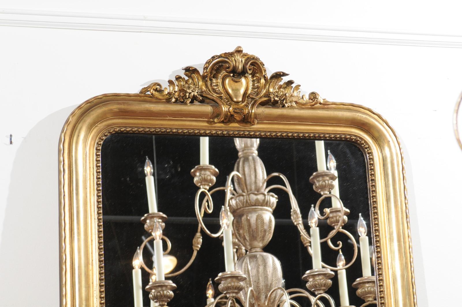 Tall French Louis-Philippe Style 19th Century Giltwood Mirror with Carved Crest In Good Condition In Atlanta, GA