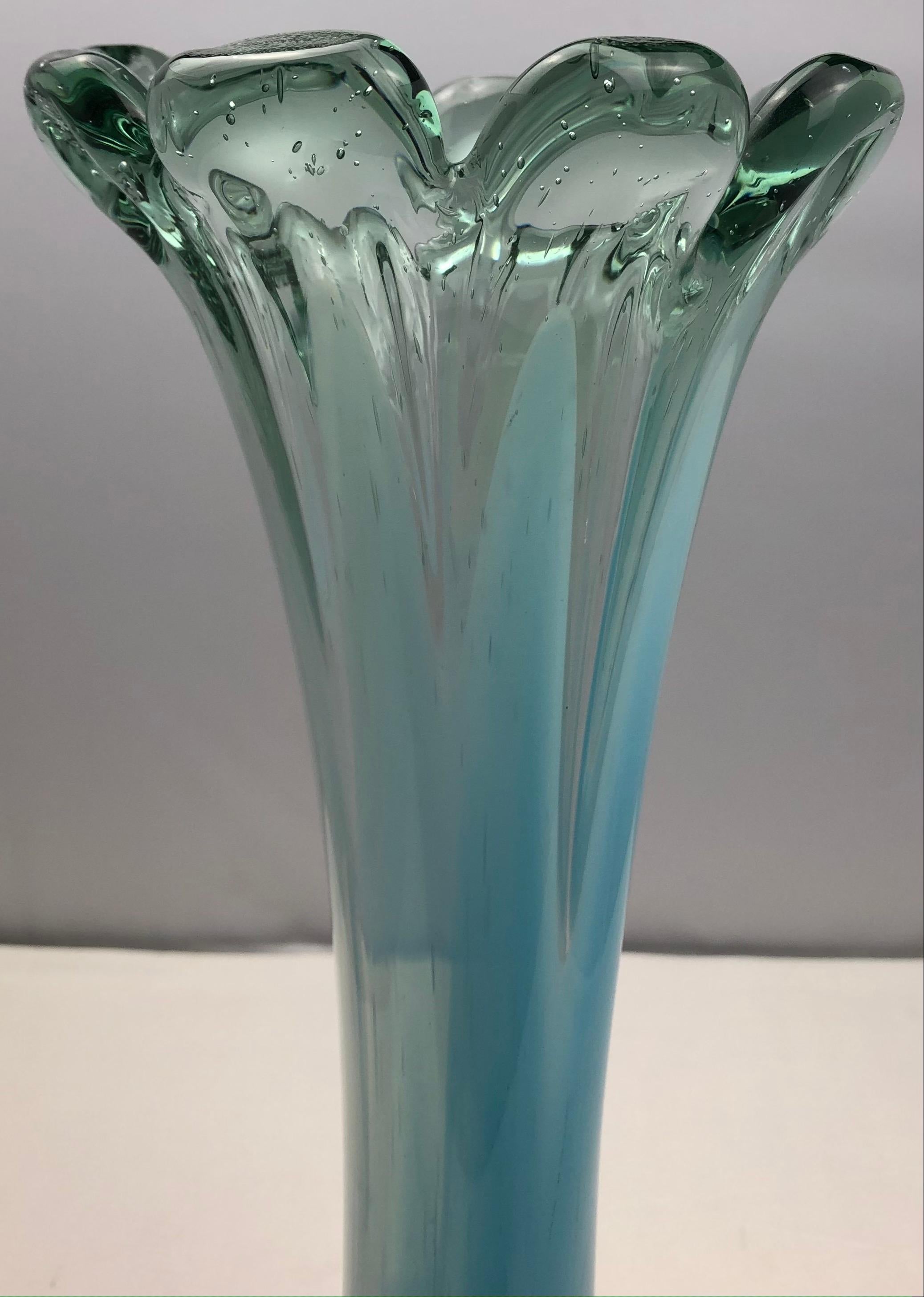 Tall French midcentury funnel necked art glass vase. 
Elegant form and striking aqua blue color. 

Dimensions are: 17 3/8