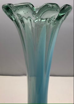 Tall French Midcentury Aqua Blue Art Glass Vase