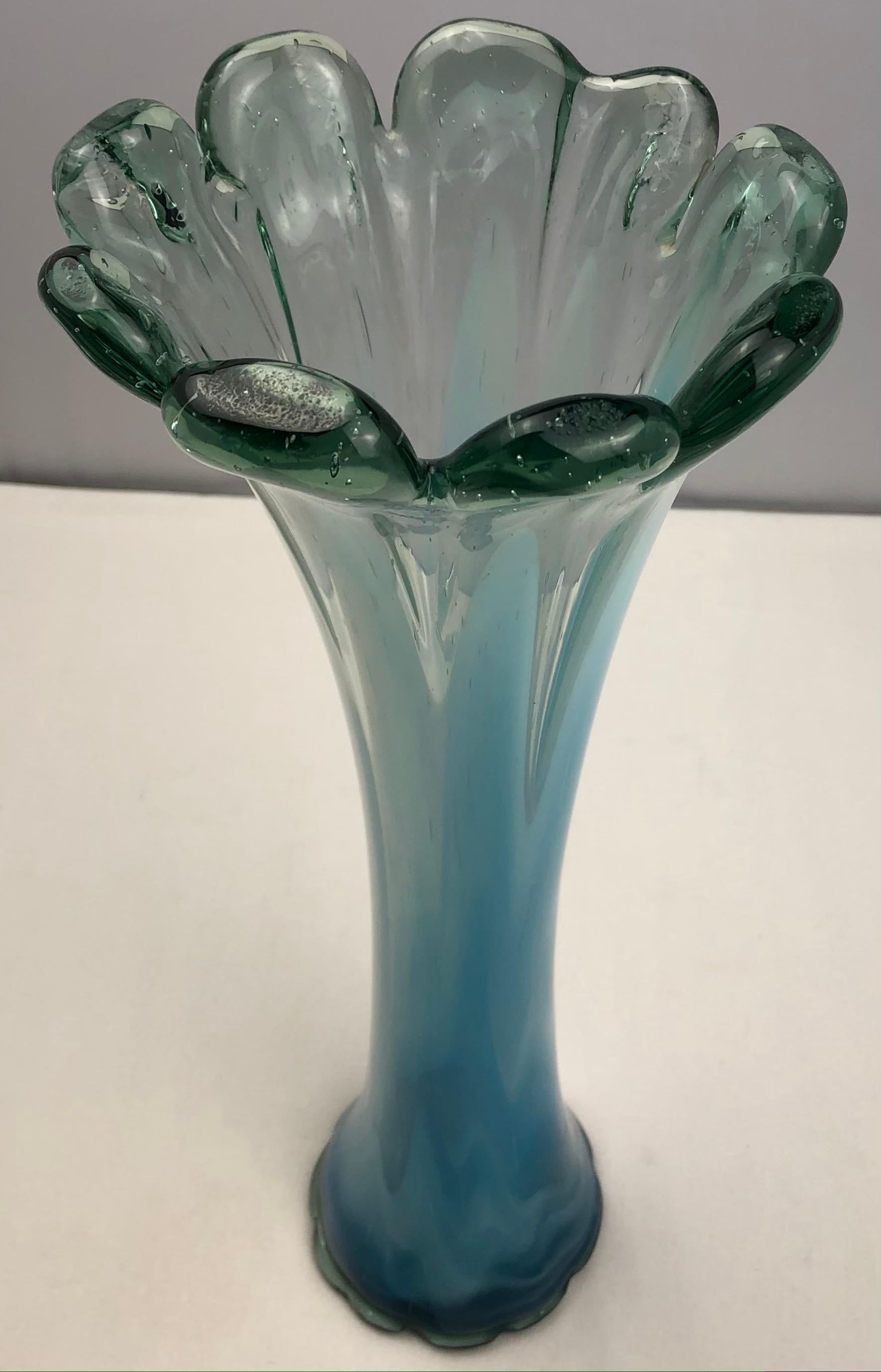 Tall French Midcentury Aqua Blue Art Glass Vase In Good Condition In Miami, FL