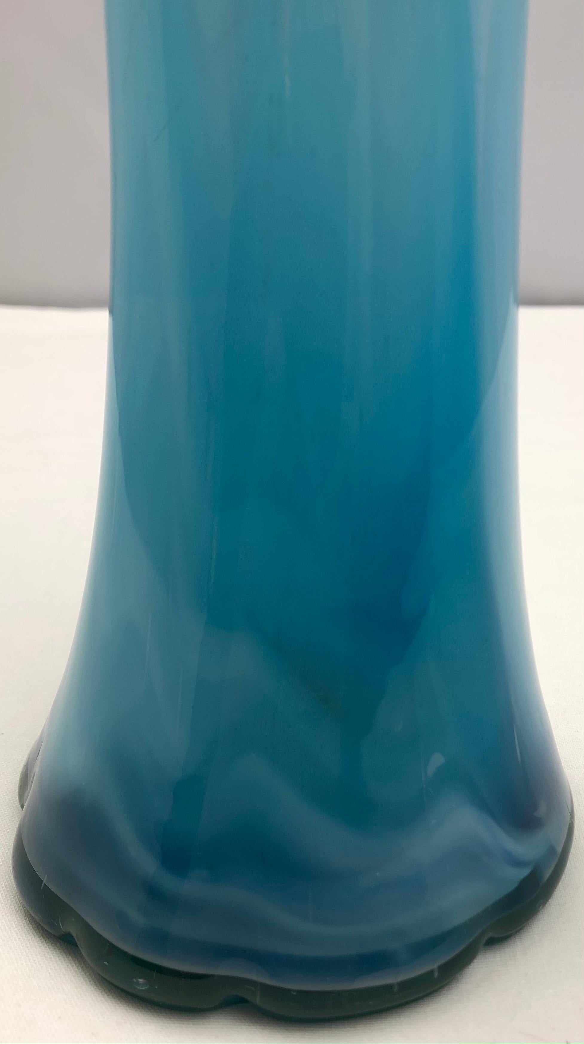 20th Century Tall French Midcentury Aqua Blue Art Glass Vase