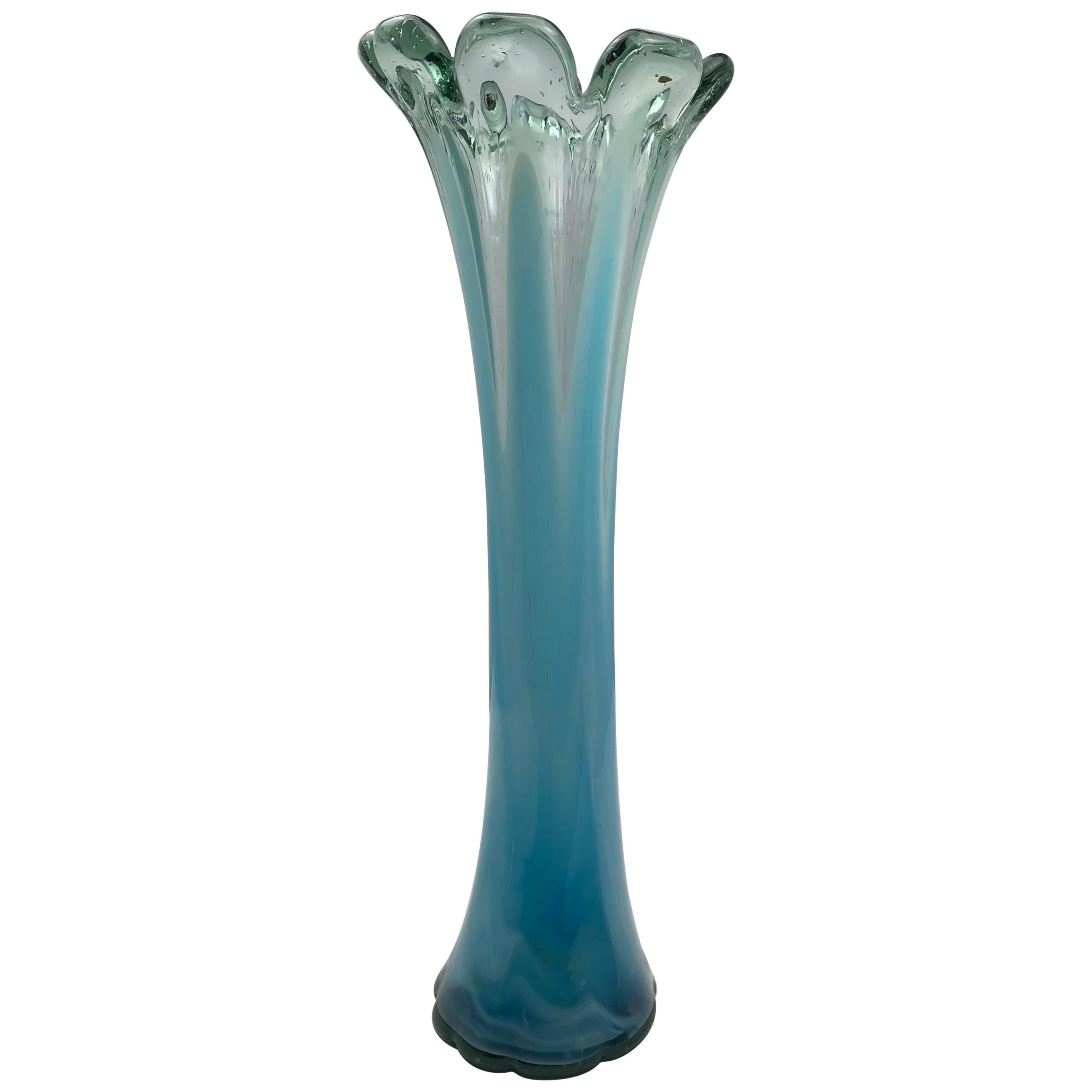 Tall French Midcentury Aqua Blue Art Glass Vase