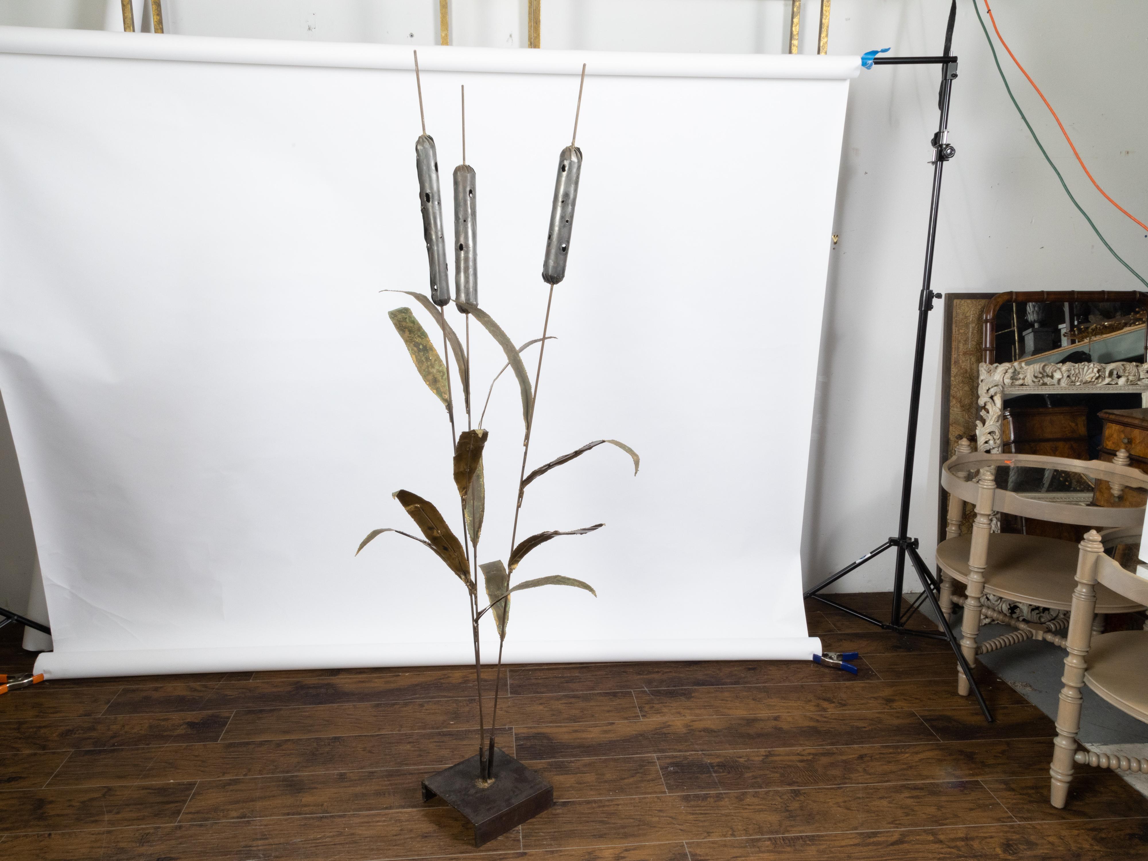 20th Century Tall French Midcentury Cattail Sculpture Mounted on a Black Base For Sale