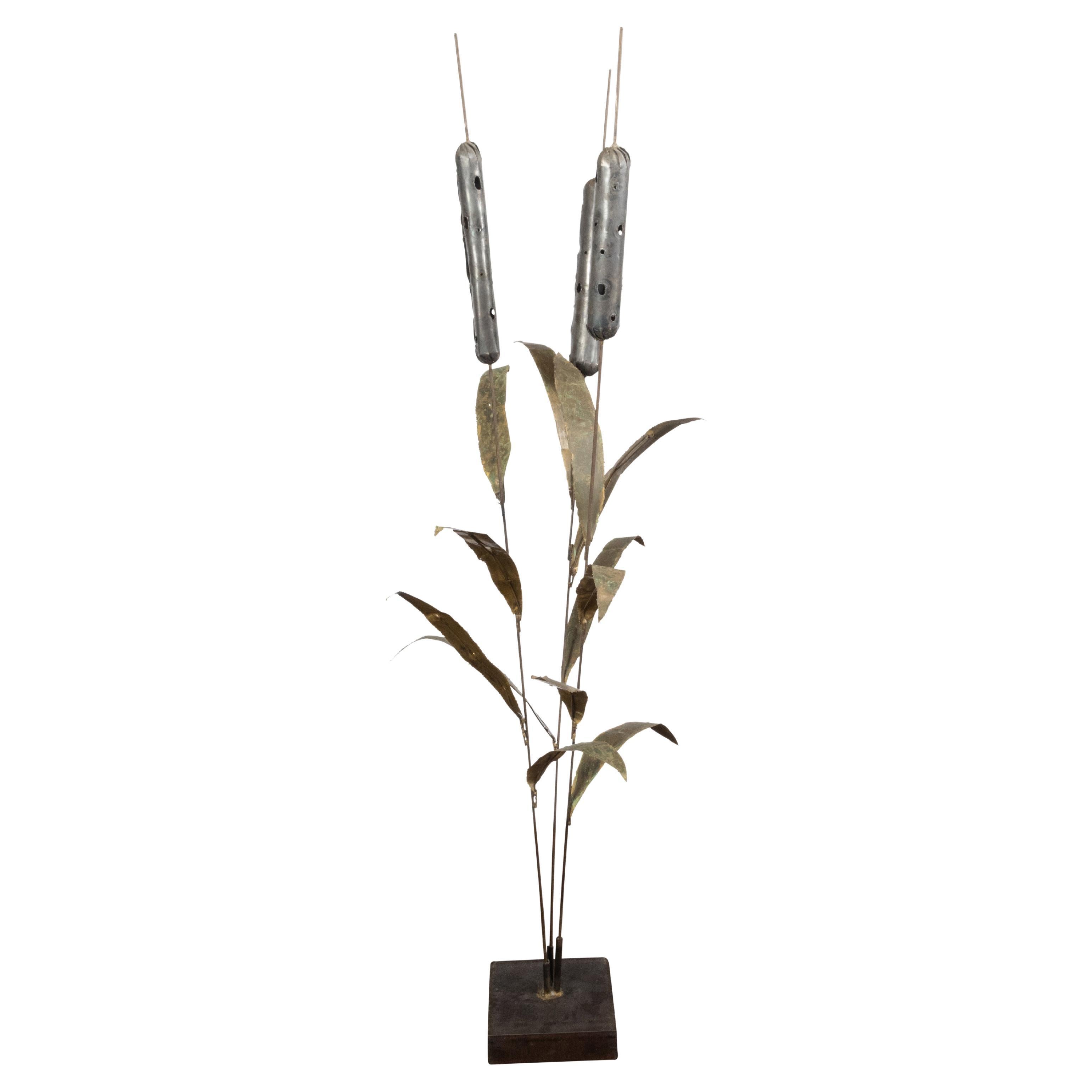 Tall French Midcentury Cattail Sculpture Mounted on a Black Base