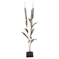 Tall French Midcentury Cattail Sculpture Mounted on a Black Base
