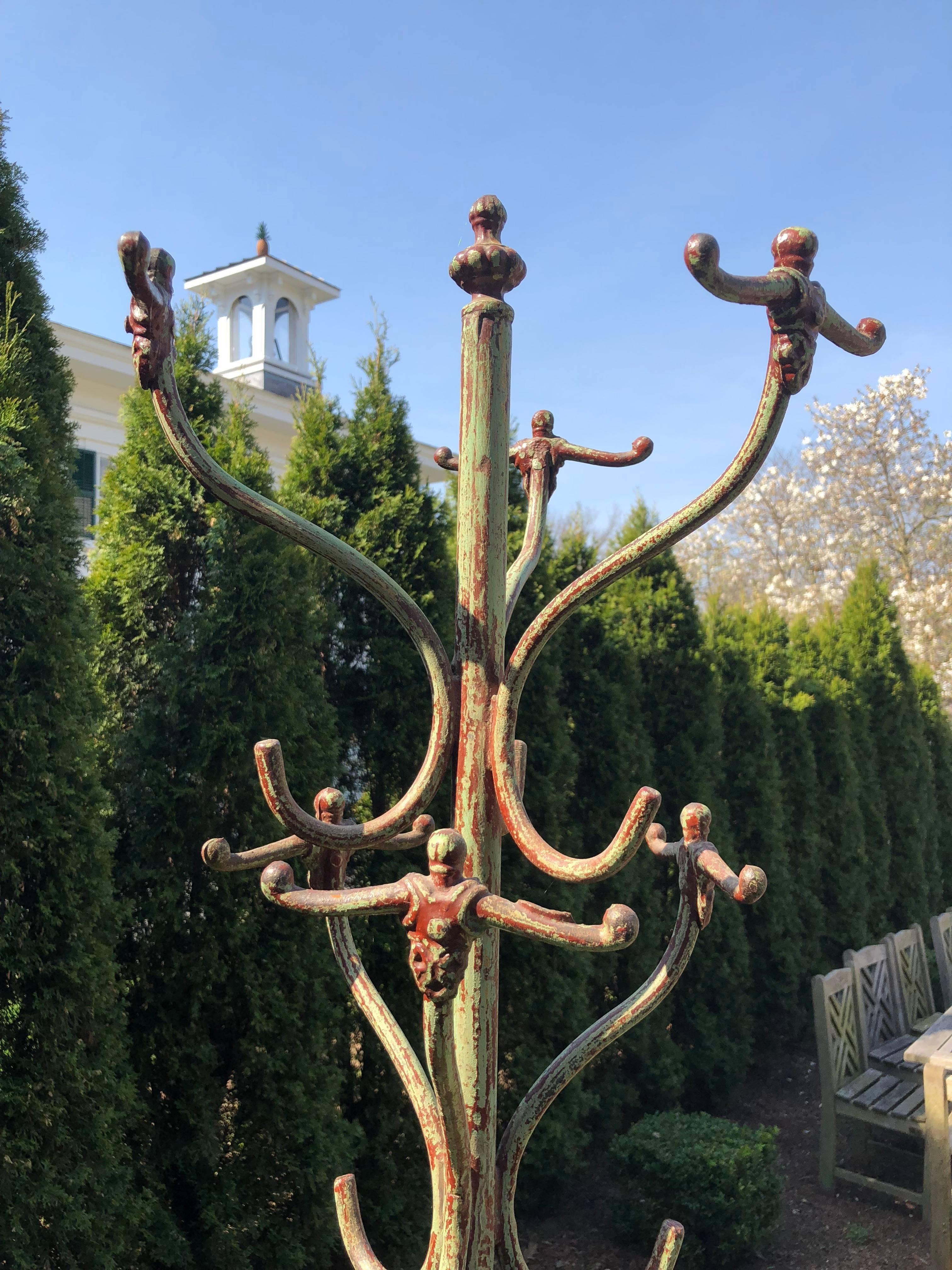 Tall French Wrought Iron Coat Rack in Sage Green Paint In Good Condition In Woodbury, CT