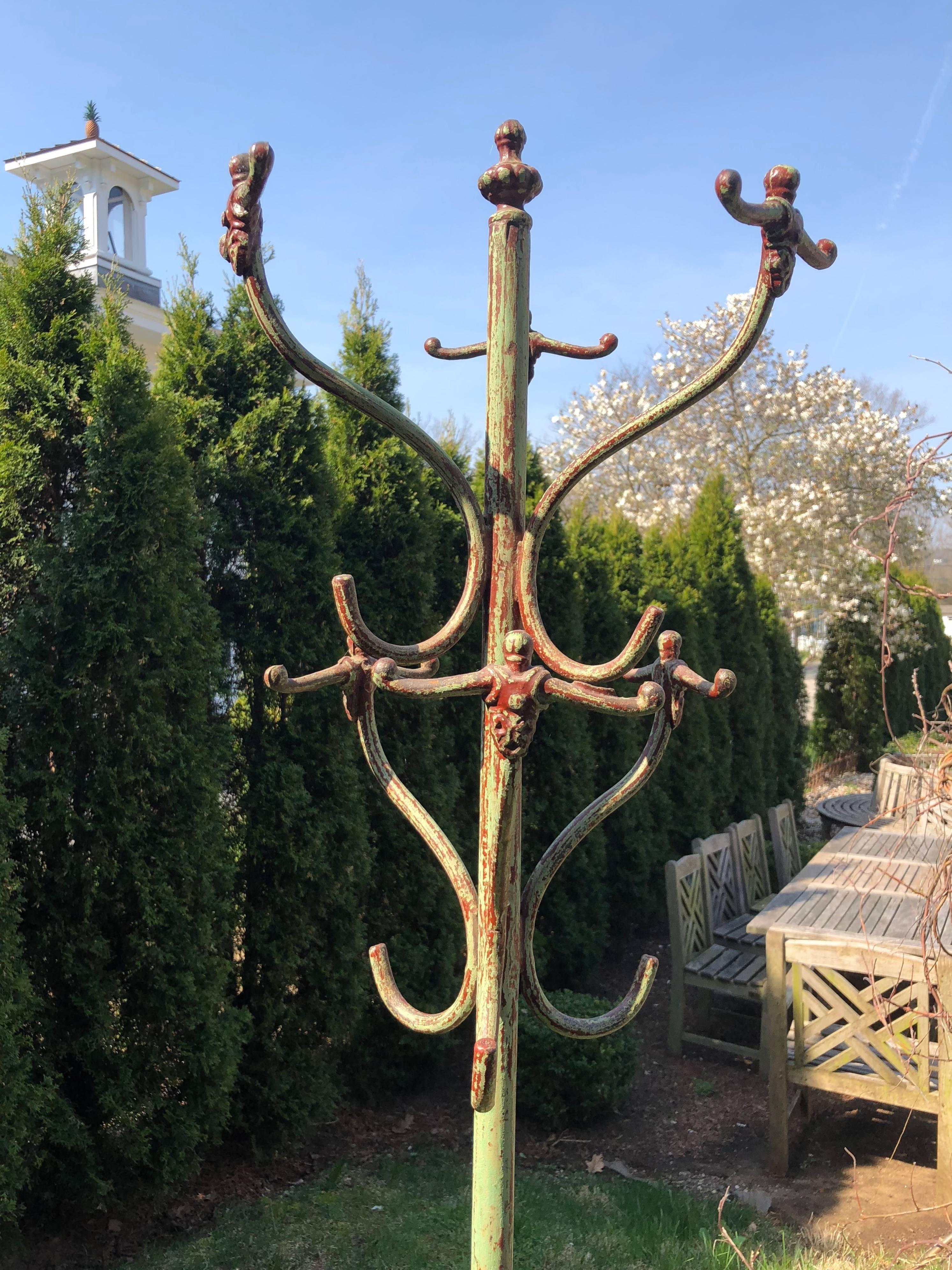20th Century Tall French Wrought Iron Coat Rack in Sage Green Paint
