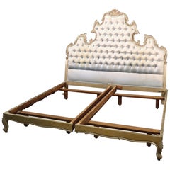 Vintage Tall Genuine Silver Leaf Tufted Italian Rococo Louis XV King Size Bed circa 1950