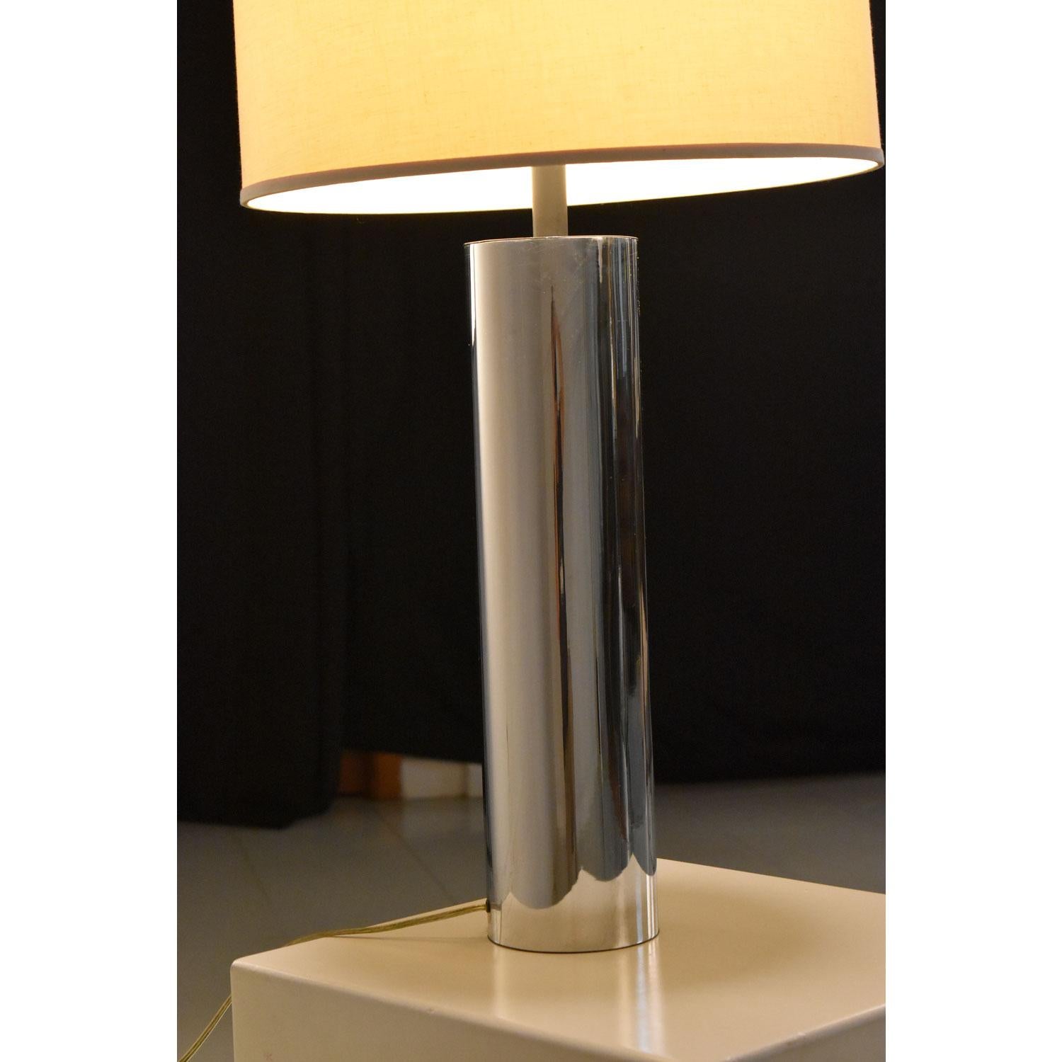 Late 20th Century Tall George Kovacs Style Minimalist Chrome Cylinder Table Lamps with Shades