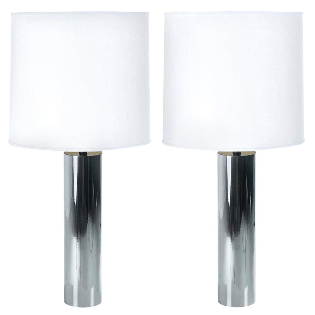 Tall George Kovacs Style Minimalist Chrome Cylinder Table Lamps with Shades
