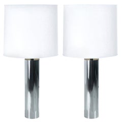 Vintage Tall George Kovacs Style Minimalist Chrome Cylinder Table Lamps with Shades