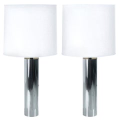 Tall George Kovacs Style Minimalist Chrome Cylinder Table Lamps with Shades