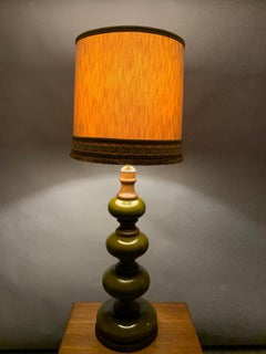 Tall German Vintage Green Glazed Ceramic and Wooden Lamp Base Include Shade