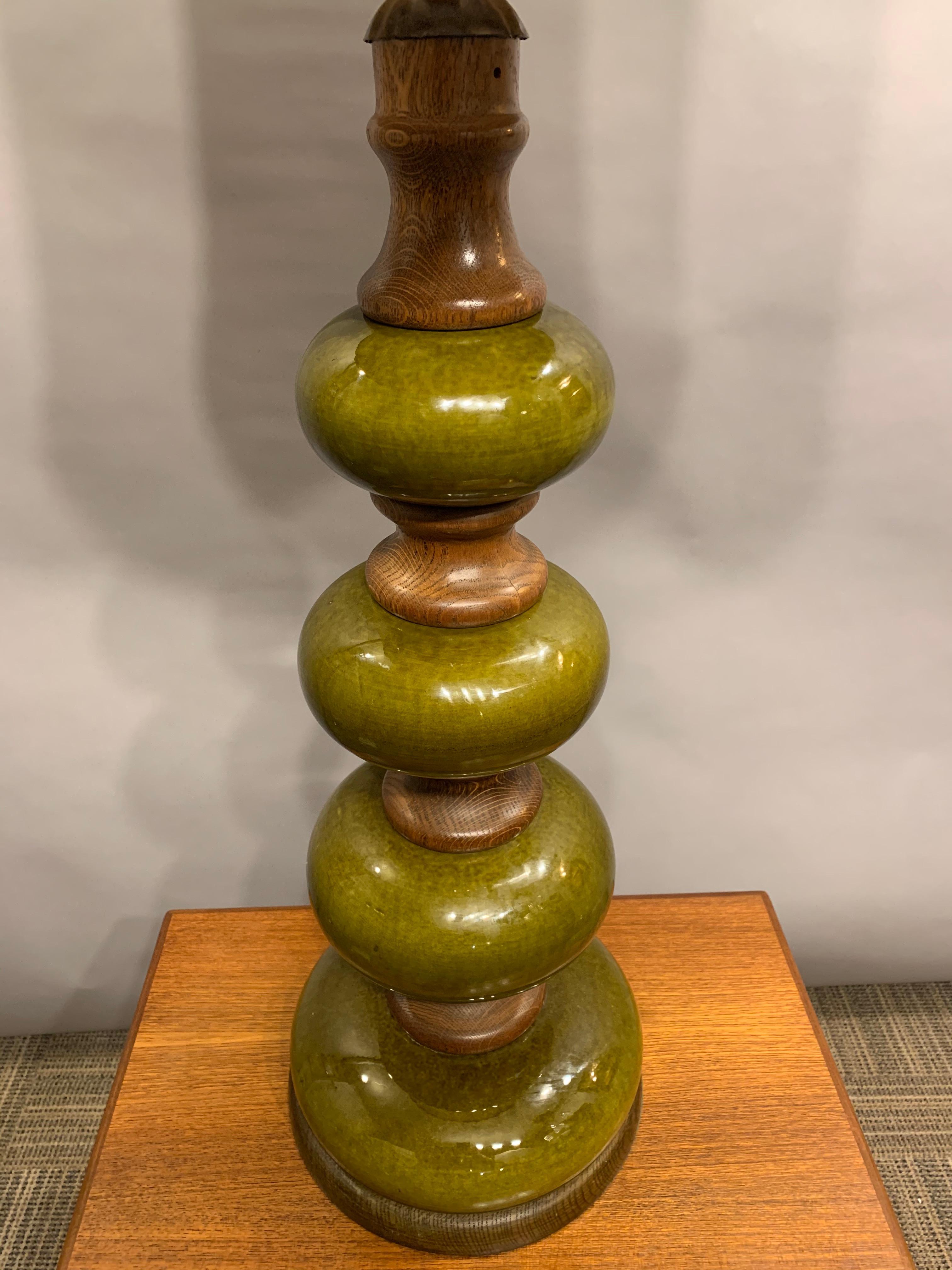 Mid-Century Modern Tall German Vintage Green Glazed Ceramic and Wooden Lamp Base Include Shade