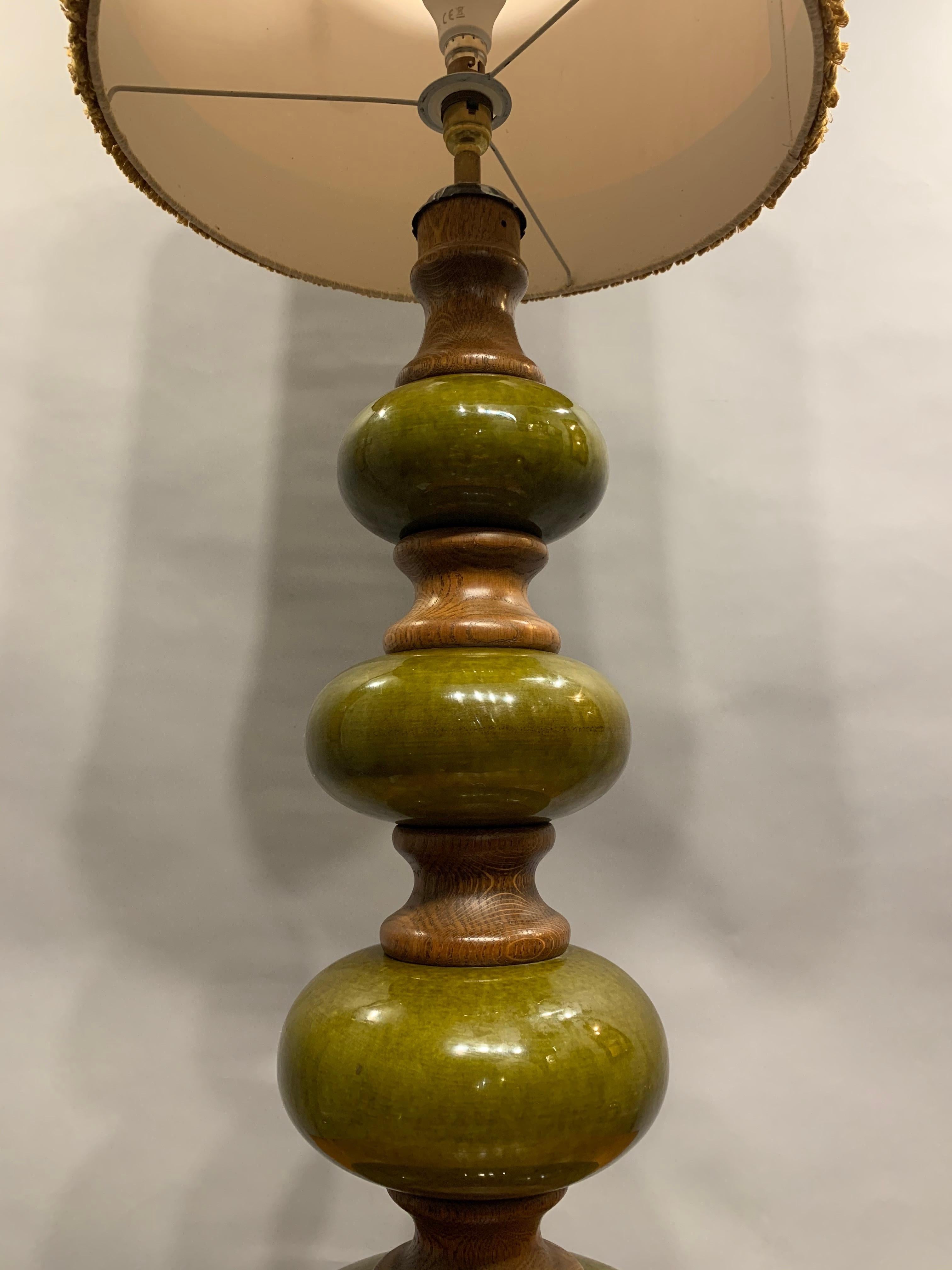 Tall German Vintage Green Glazed Ceramic and Wooden Lamp Base Include Shade In Good Condition In London, GB
