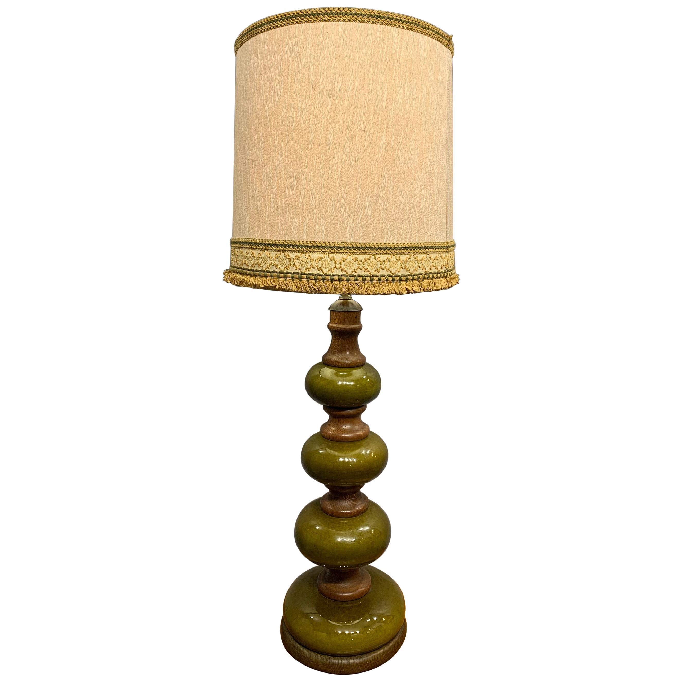 Tall German Vintage Green Glazed Ceramic and Wooden Lamp Base Include Shade