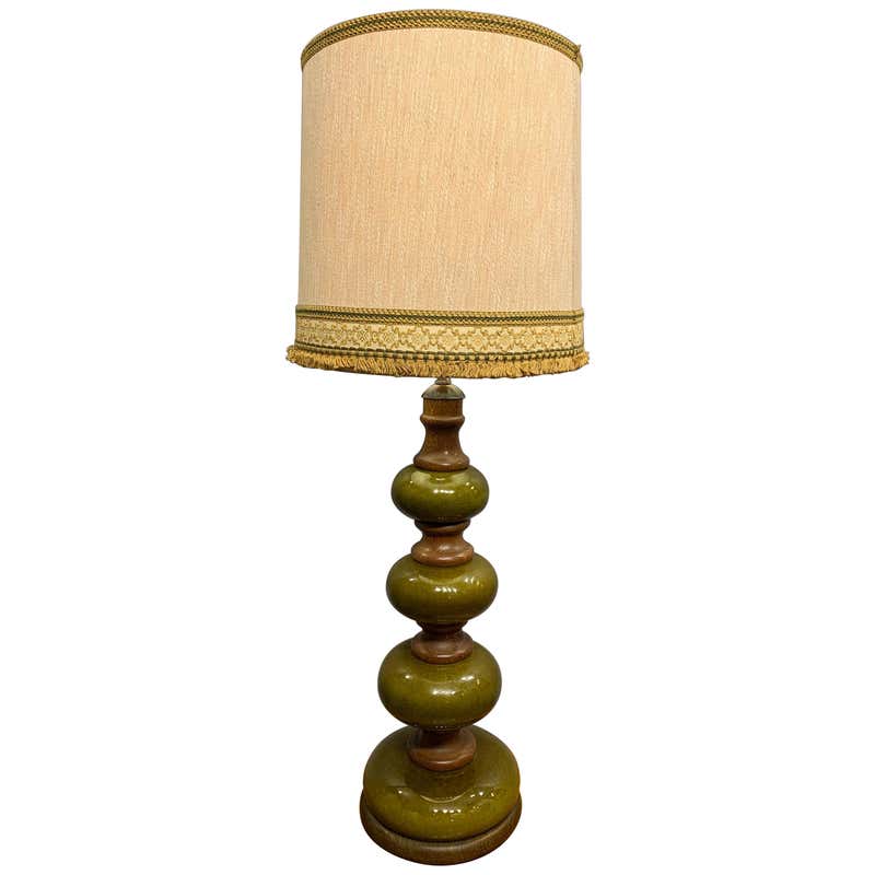 Tall German Vintage Green Glazed Ceramic and Wooden Lamp Base Include ...