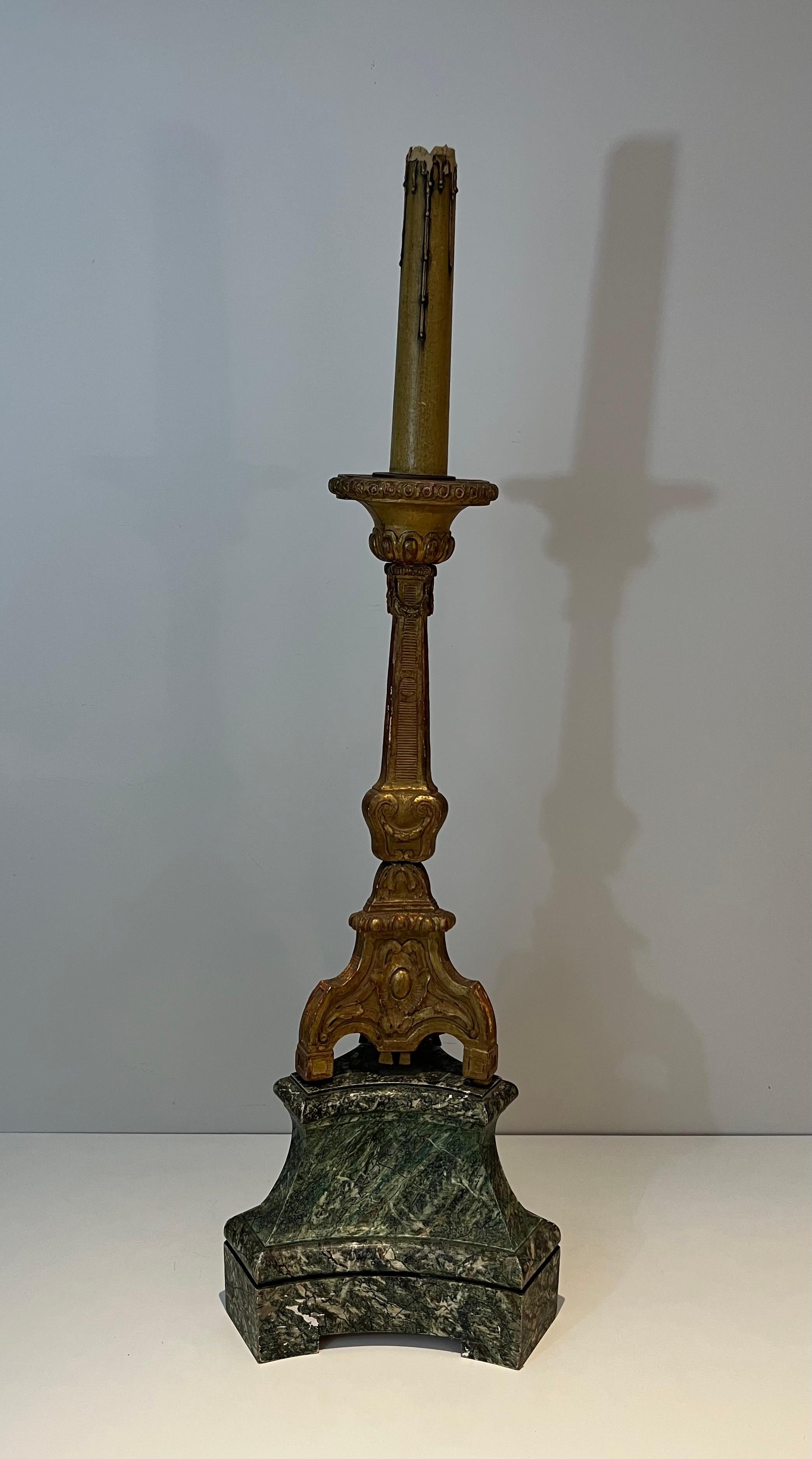 Tall Gilded Carved Wood Candelabra on a Patinated Base For Sale 5