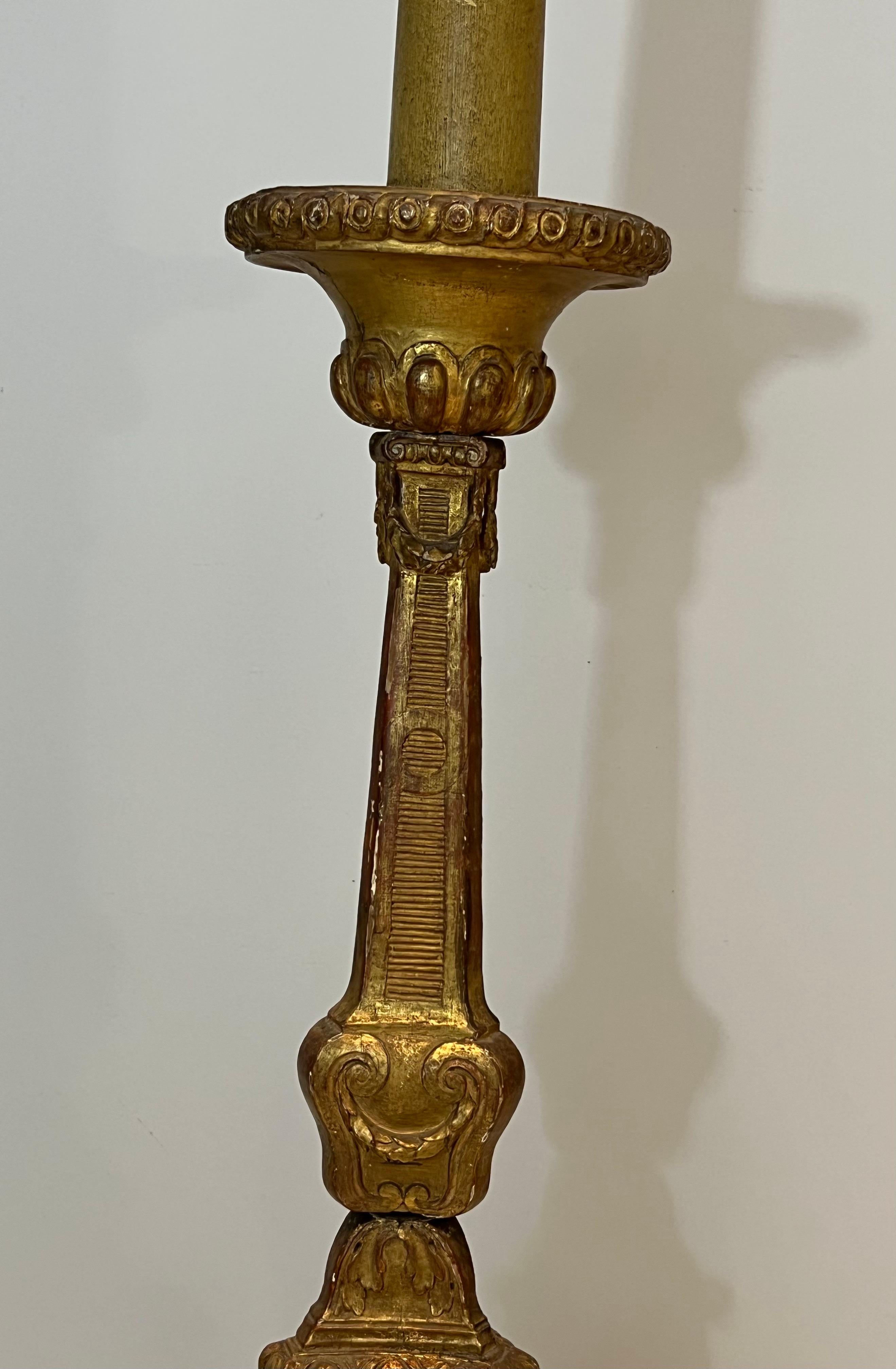 Tall Gilded Carved Wood Candelabra on a Patinated Base For Sale 6