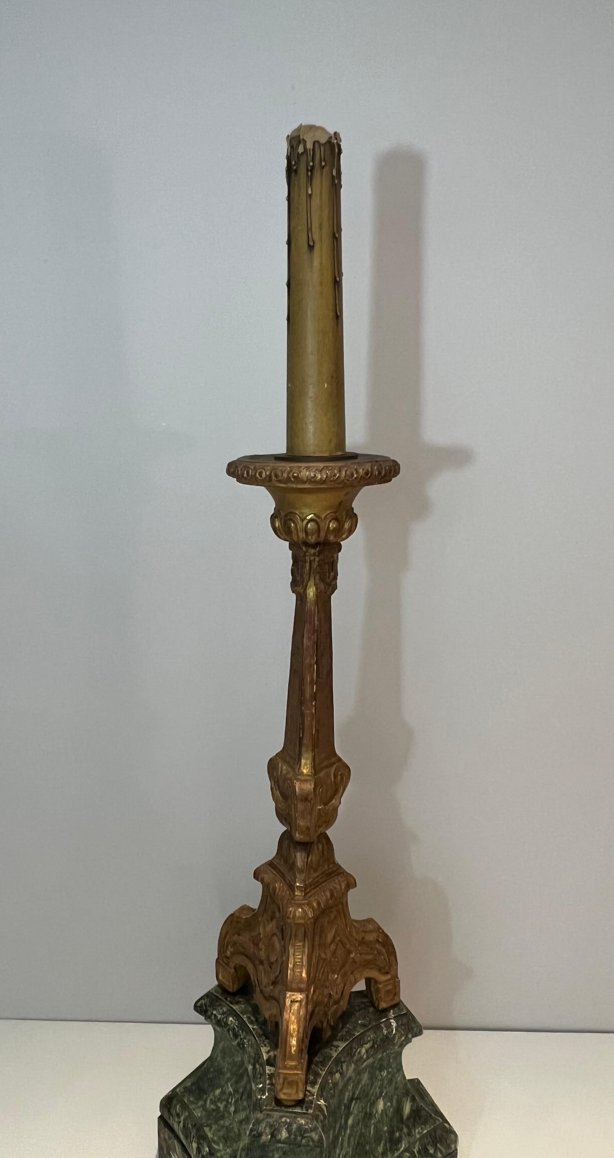 Louis XVI Tall Gilded Carved Wood Candelabra on a Patinated Base For Sale