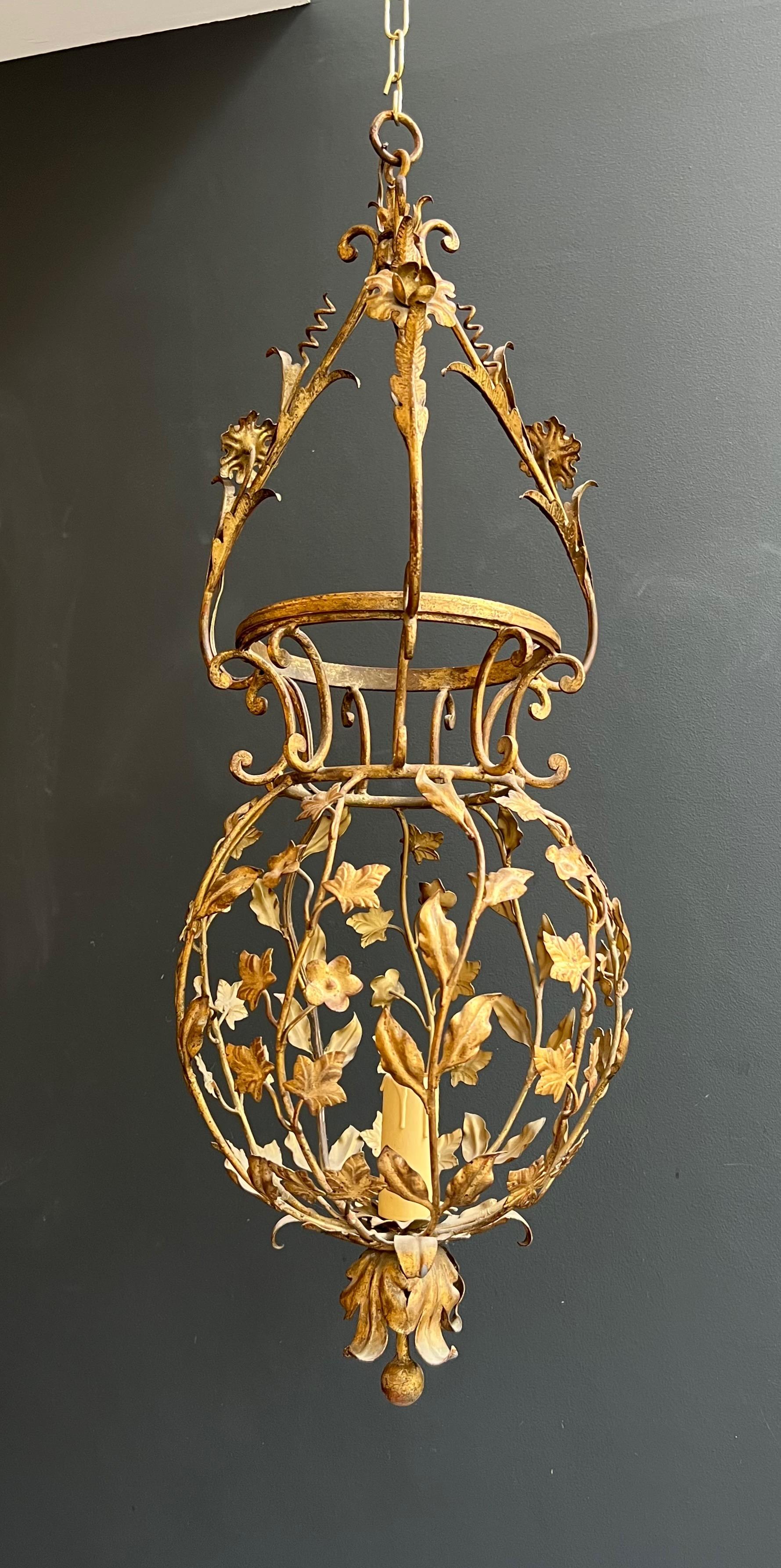 Mid-Century Modern Tall Gilt Metal Lantern with Foliage Decorations Sign Palladio for Maison Baguès For Sale