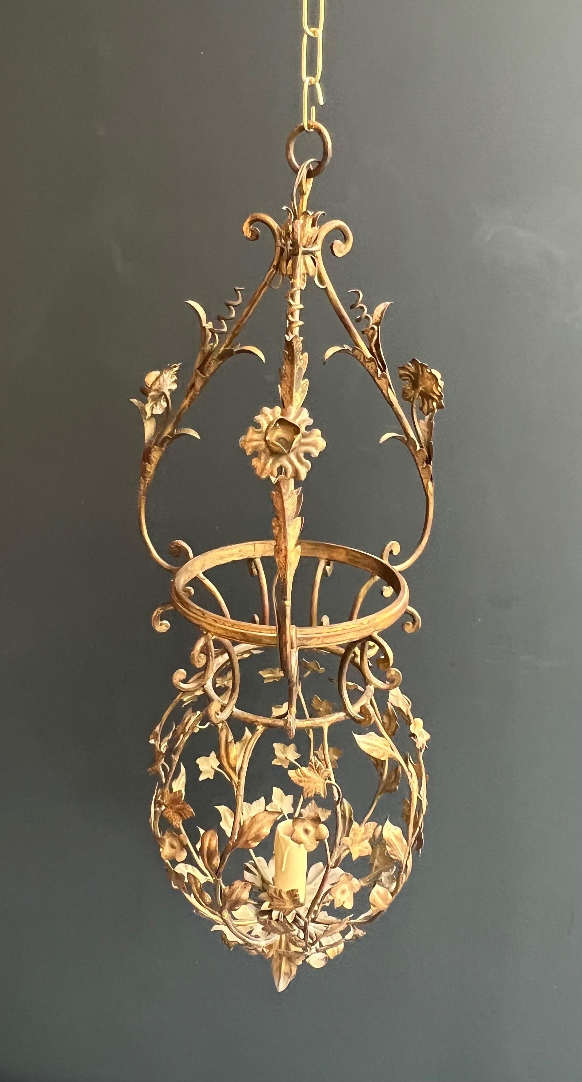 French Tall Gilt Metal Lantern with Foliage Decorations Sign Palladio for Maison Baguès For Sale