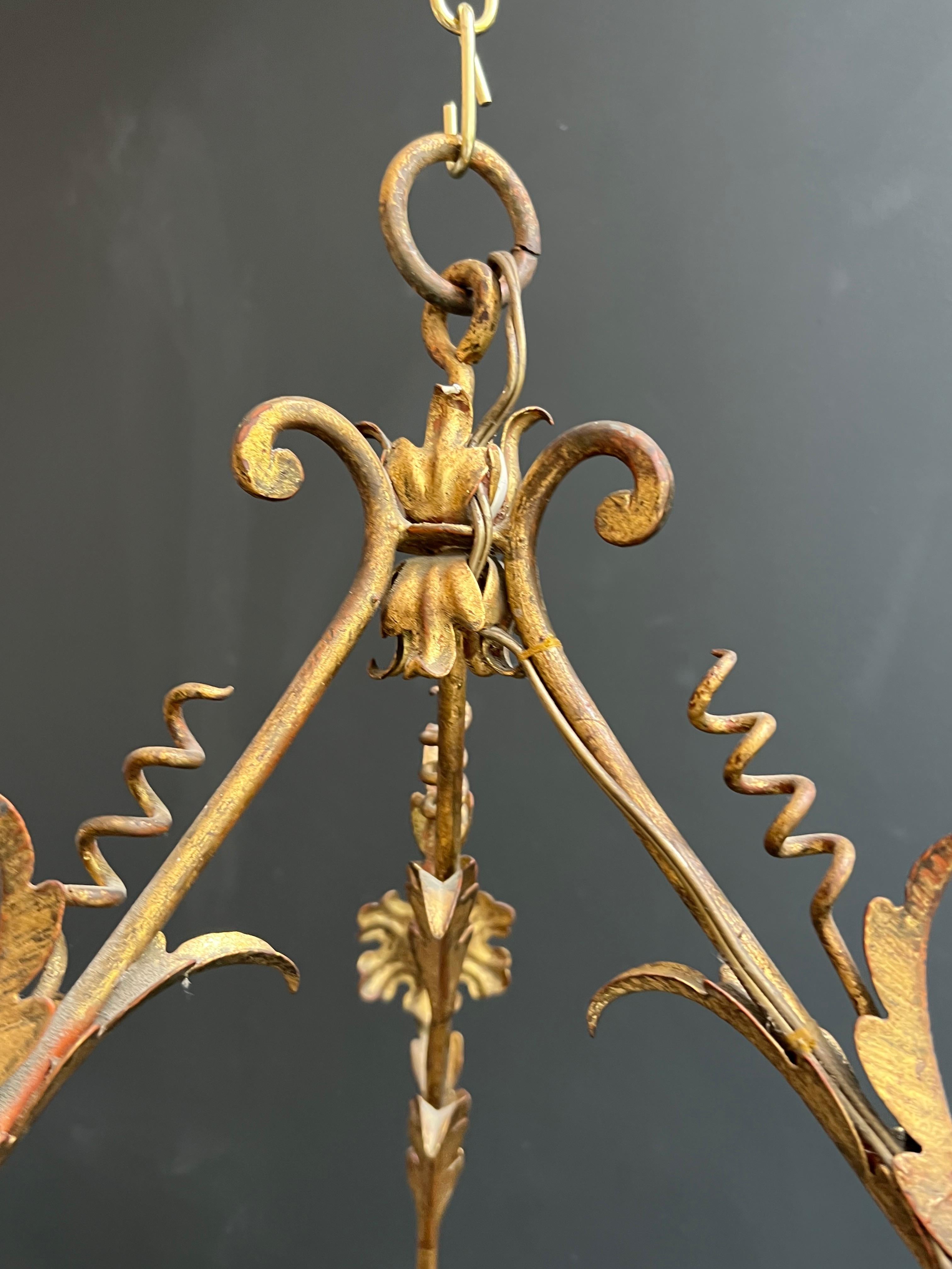 Mid-20th Century Tall Gilt Metal Lantern with Foliage Decorations Sign Palladio for Maison Baguès For Sale