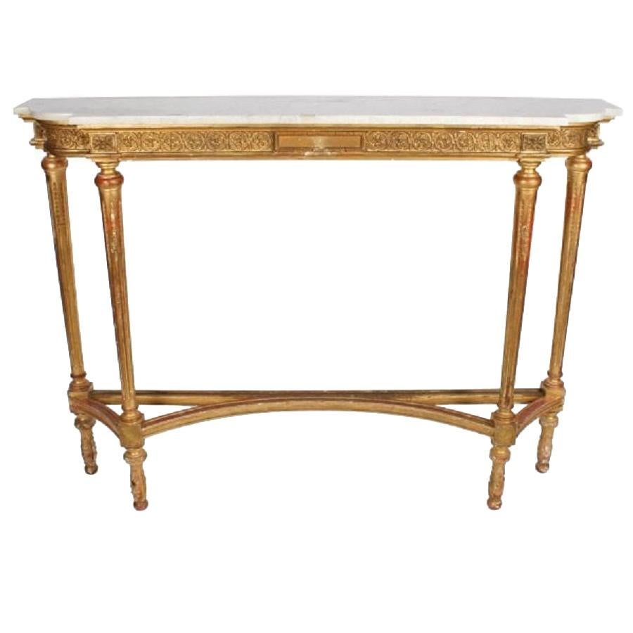 Tall Gilt Wood Marble Top Console Table, 19th Century For Sale