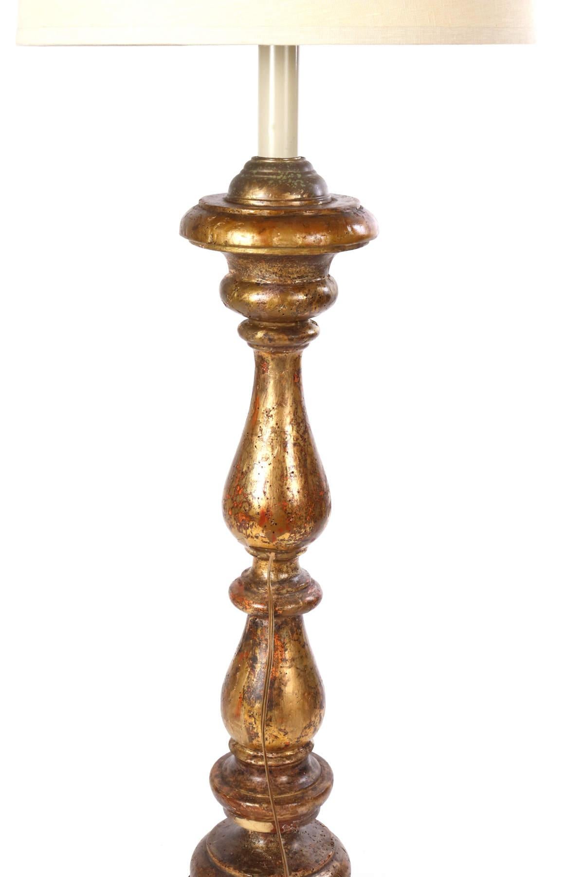 Tall Giltwood Altar Stick Lamp, 18th C In Fair Condition For Sale In Saint Louis, MO
