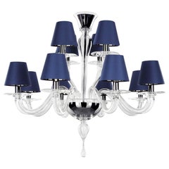 Tall Glass Murano Chandelier in Blown Glass Italian Art, Blue Sapphire Shades