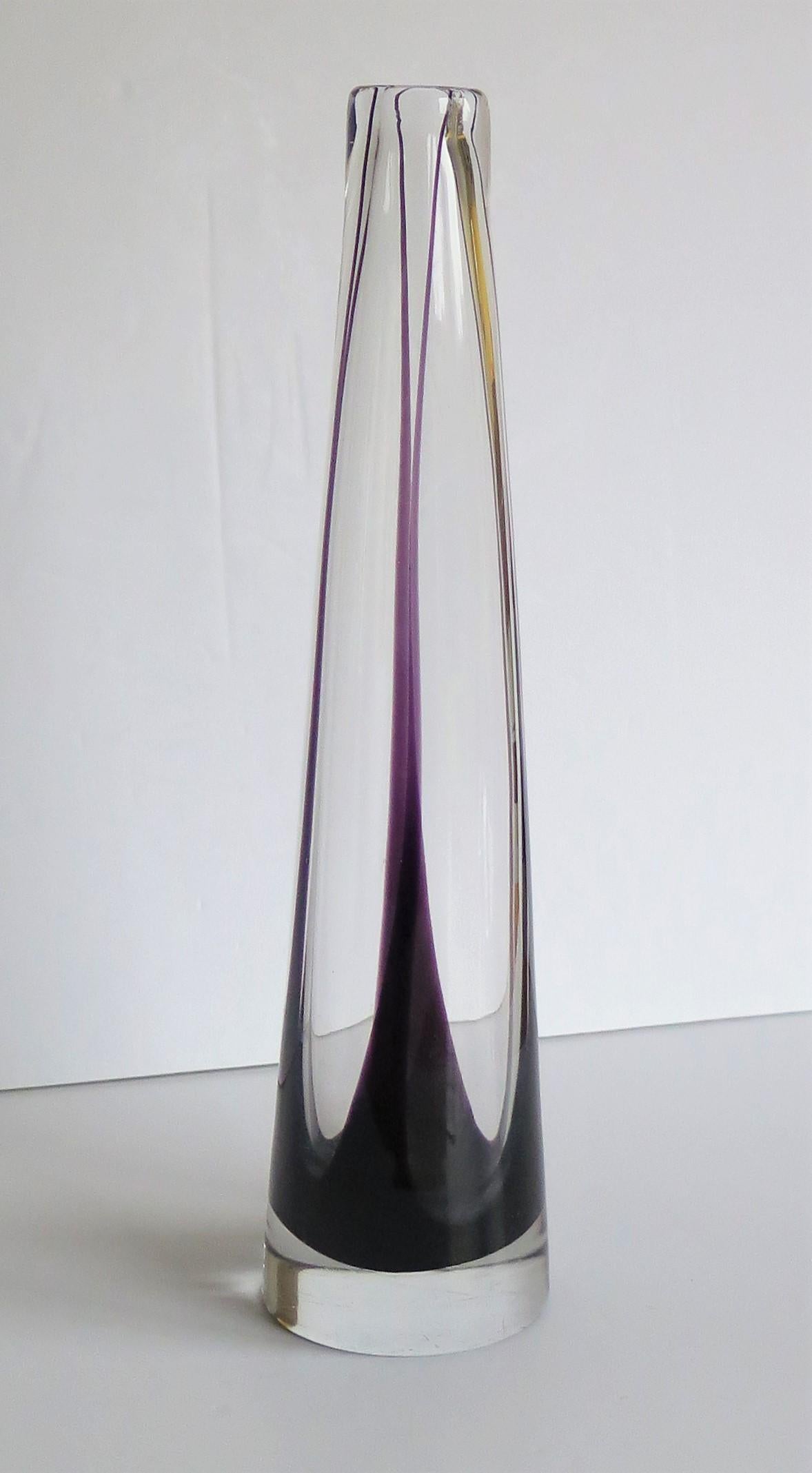 This is a mid-century Swedish Scandinavian Mid Century Modern, tall Art glass Sommerso Vase, attributed to the designer Vicke Lindstrand, for the maker Kosta Glass of Sweden, dating to circa 1960.

Vicke Lindstrand is considered by many to be one of