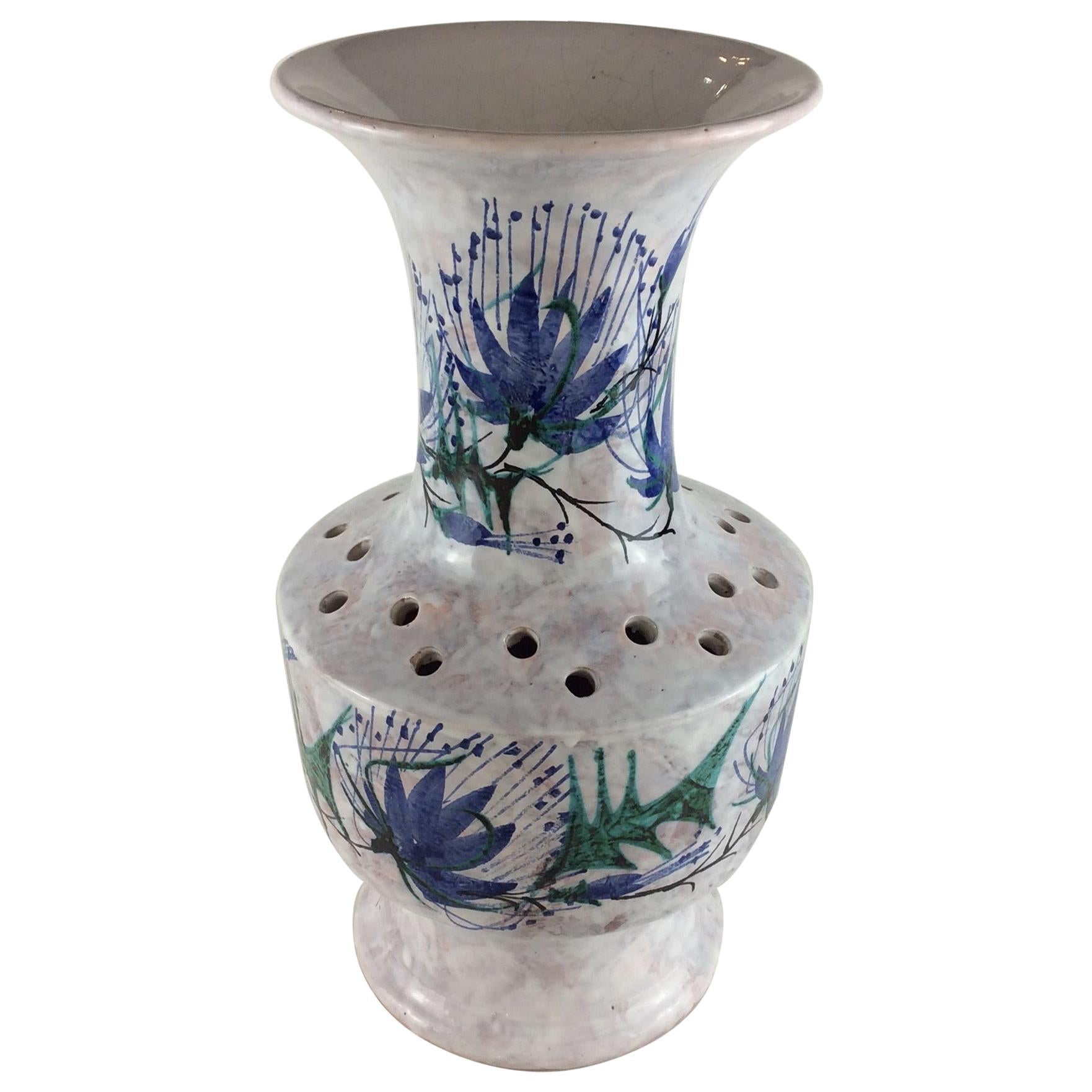 Tall Glazed Midcentury Ceramic Vase from Vallauris, France Signed Le Brescon