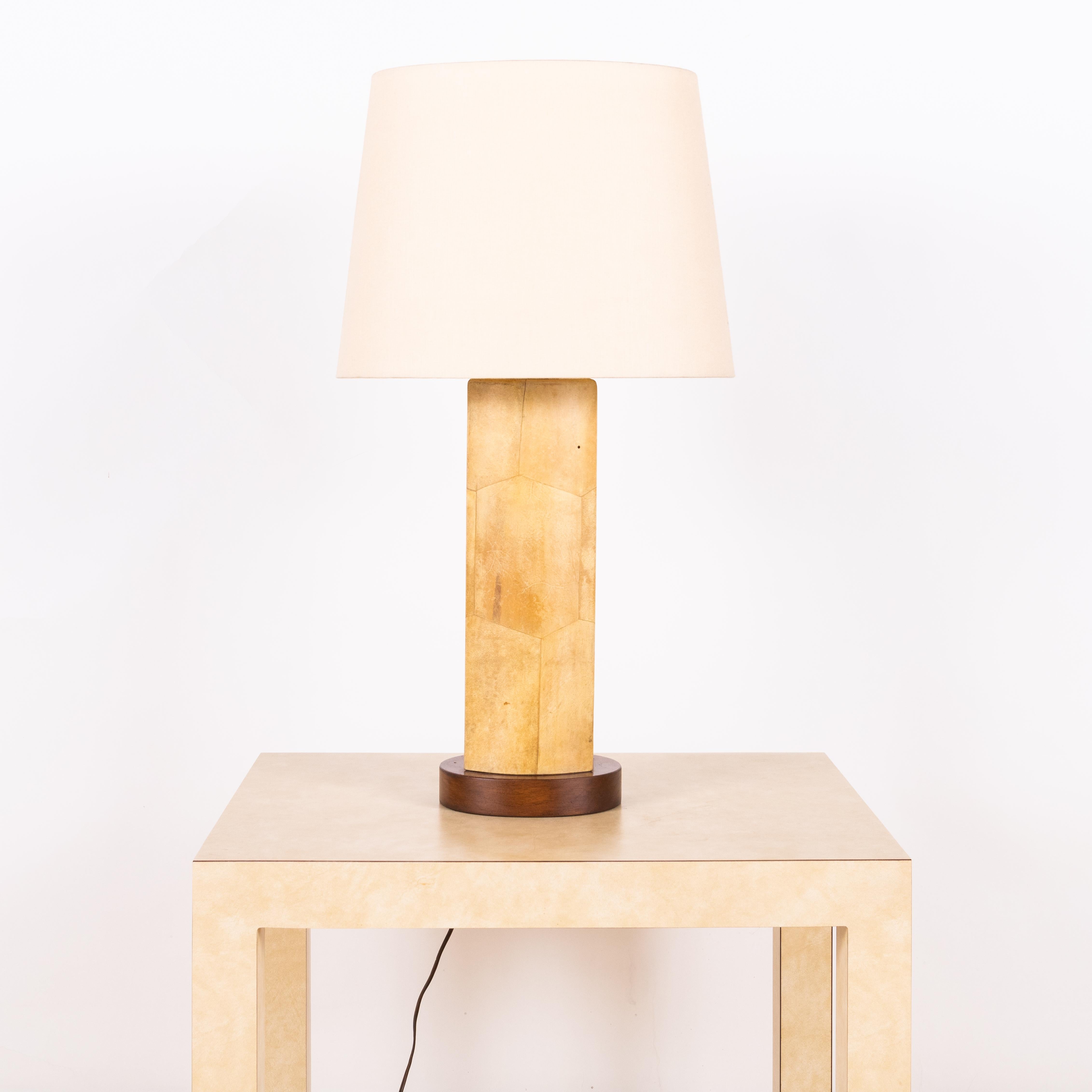 Tall goatskin lamp with custom oval linen shade by Alto Tura.

Stamped: 