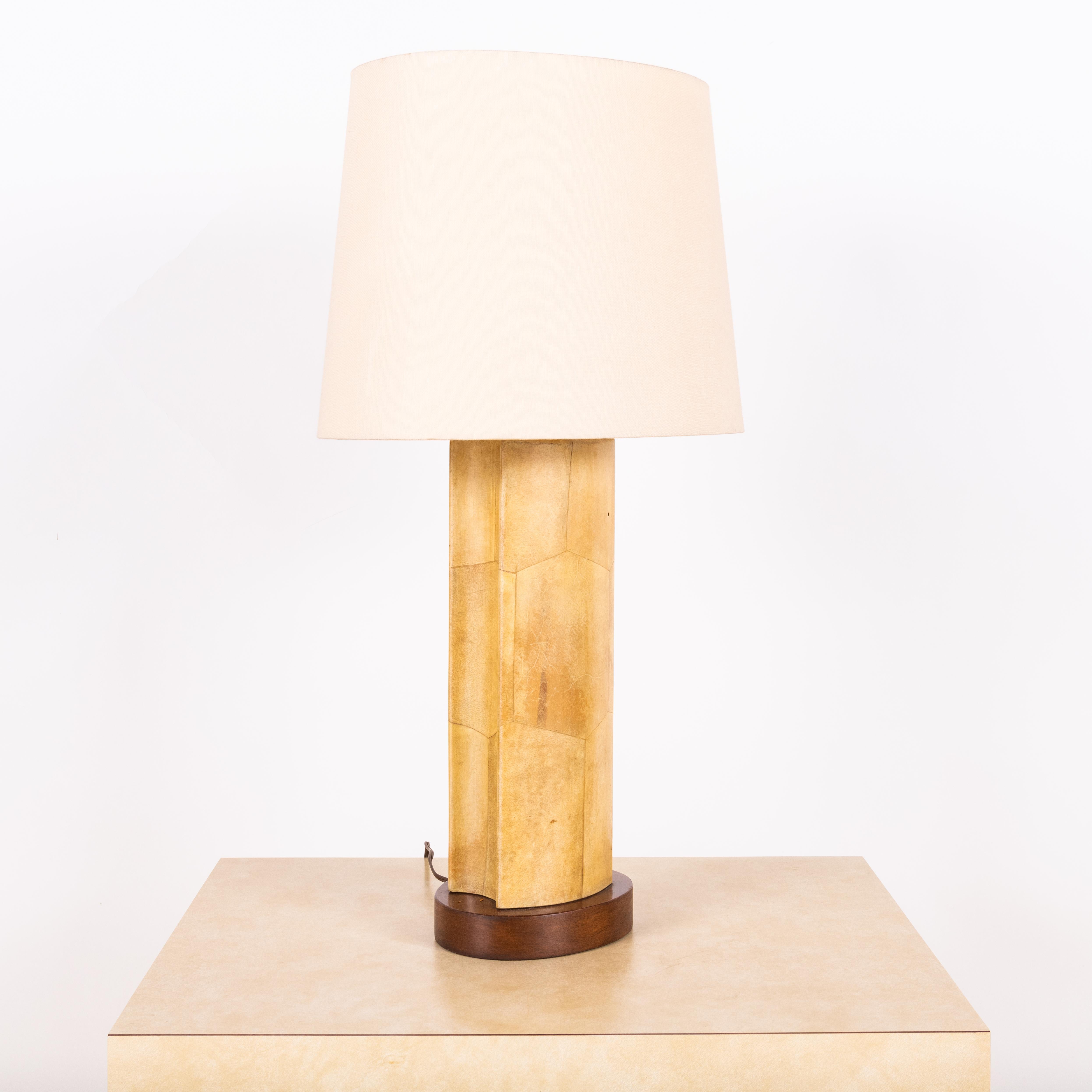 Italian Tall Goatskin Lamp with Custom Oval Linen Shade by Alto Tura For Sale