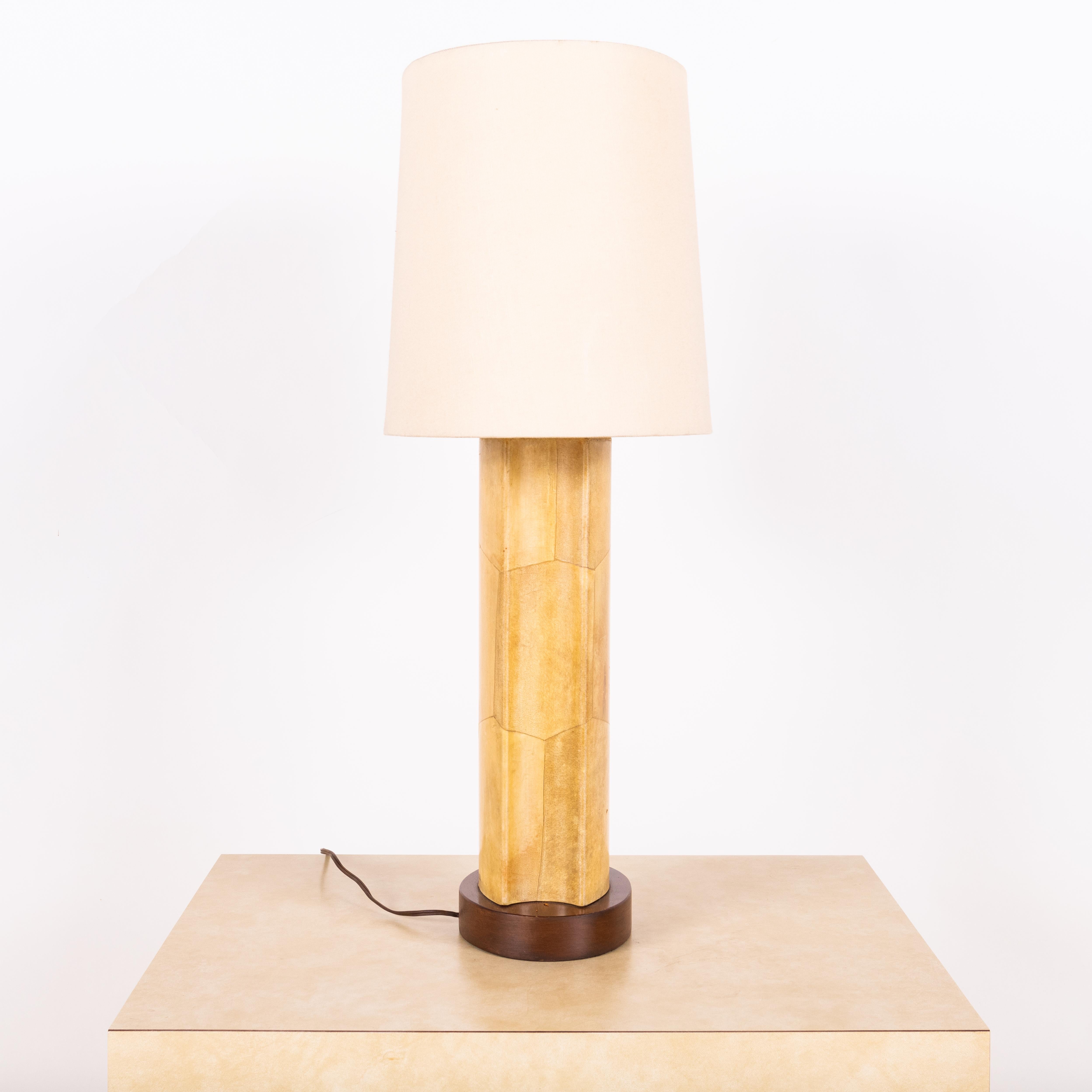Varnished Tall Goatskin Lamp with Custom Oval Linen Shade by Alto Tura For Sale