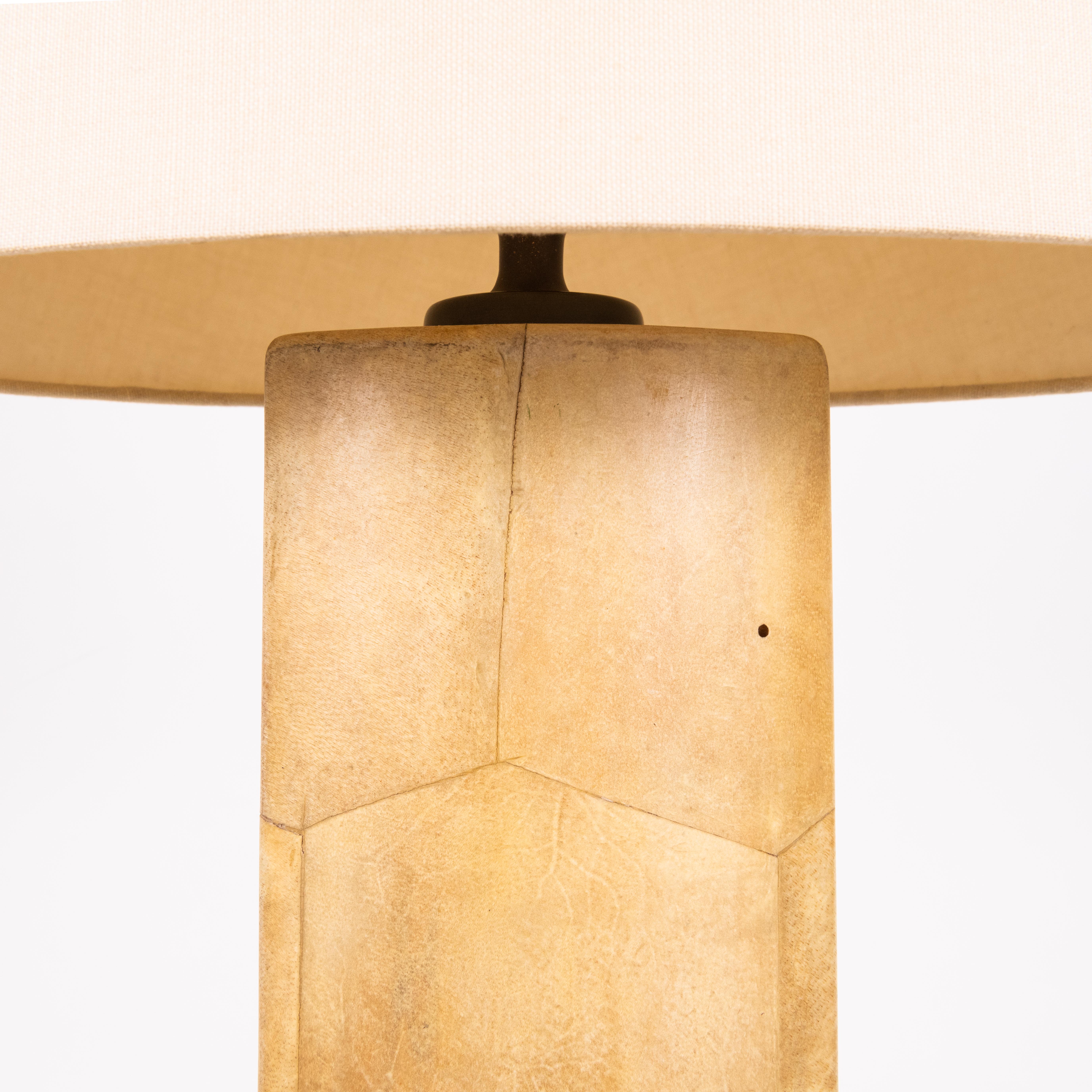Wood Tall Goatskin Lamp with Custom Oval Linen Shade by Alto Tura For Sale