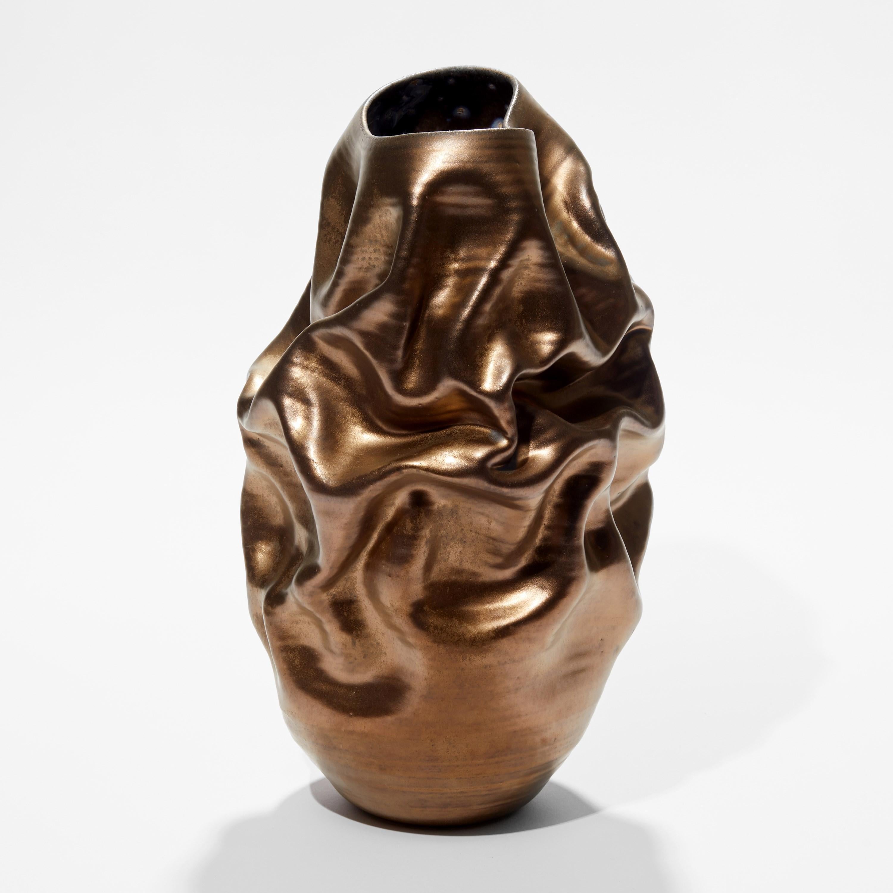 Hand-Crafted Tall Gold Crumpled Form No 96, a Ceramic Vessel by Nicholas Arroyave-Portela