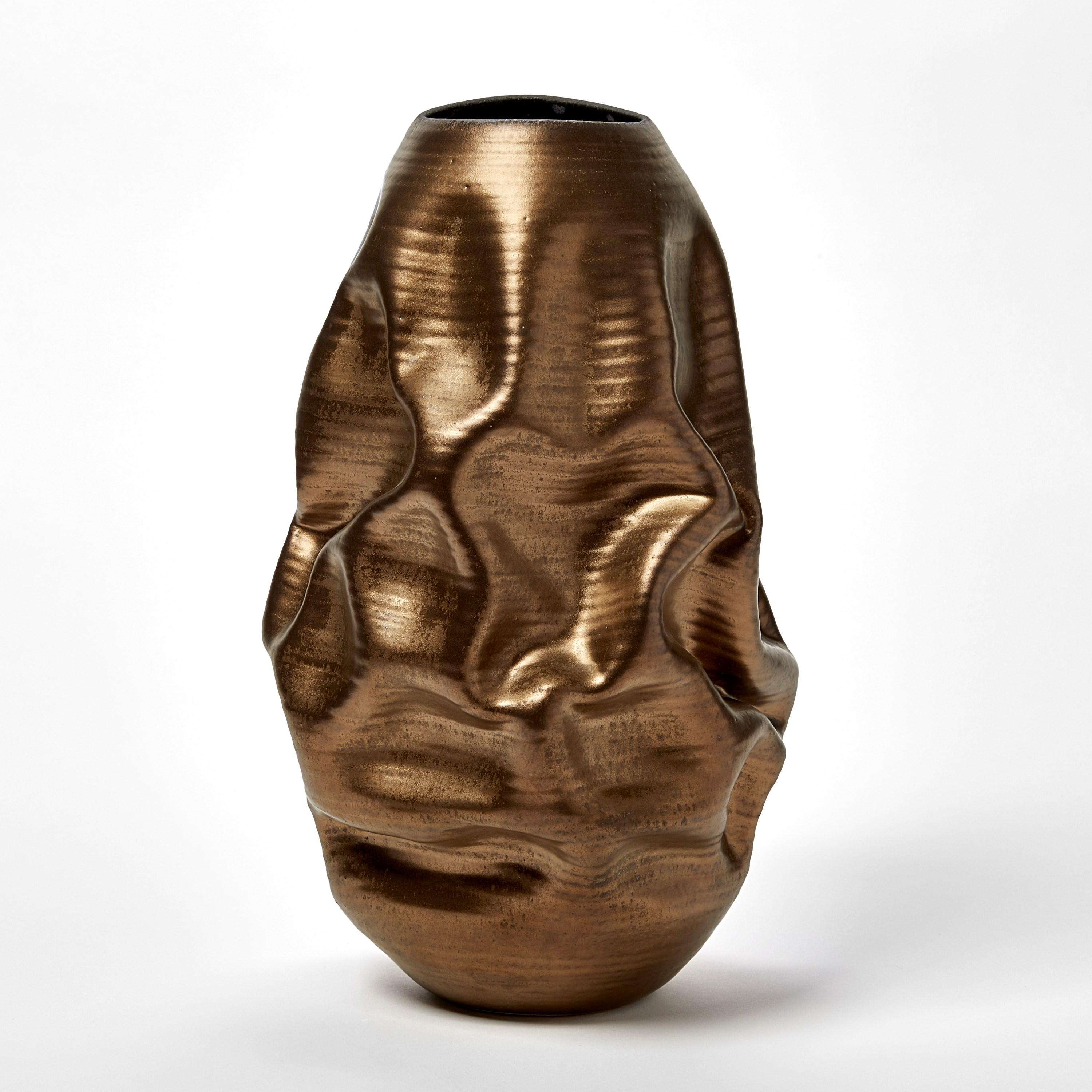 Organic Modern Tall Gold Crumpled Form No 97, ceramic vessel by Nicholas Arroyave-Portela For Sale