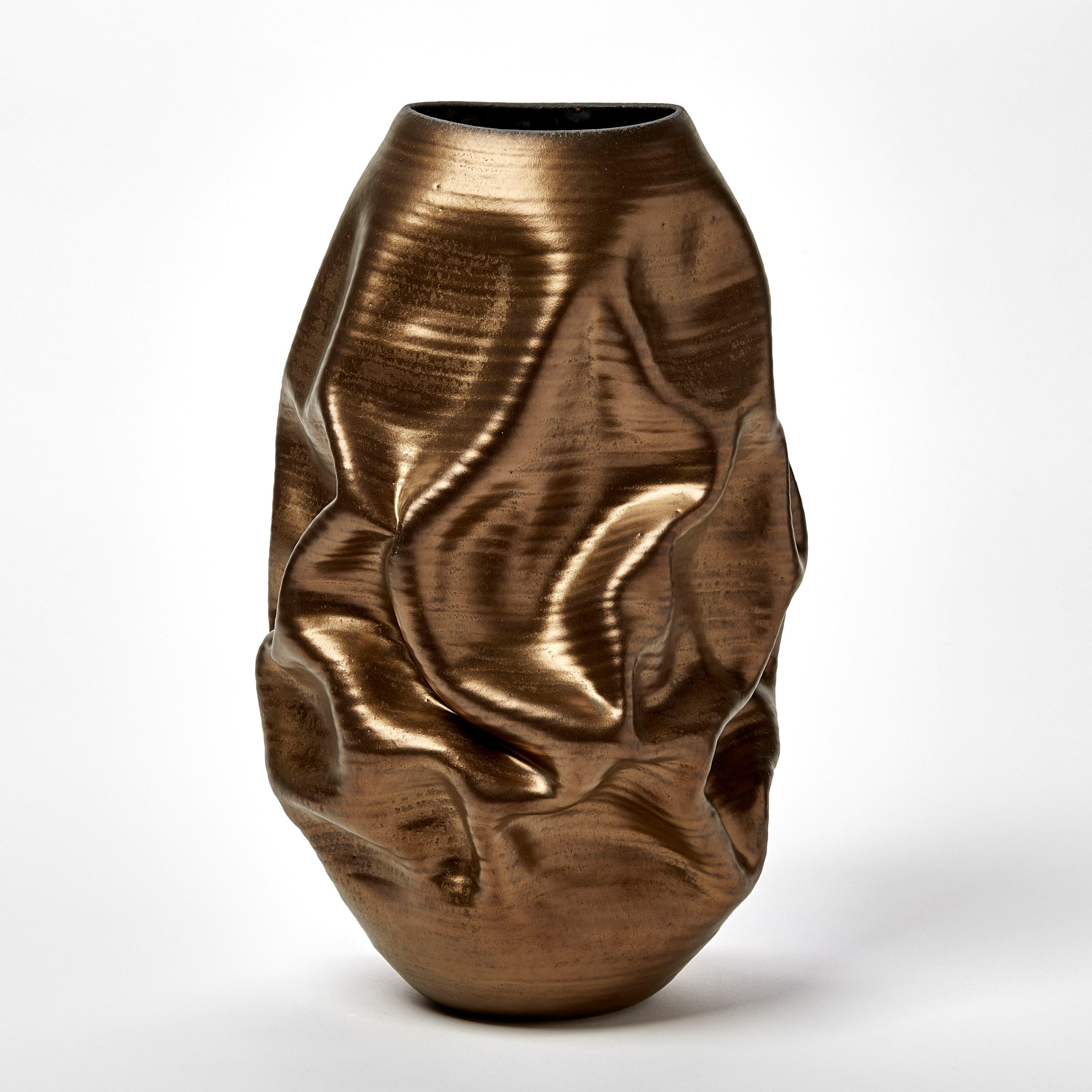 Spanish Tall Gold Crumpled Form No 97, ceramic vessel by Nicholas Arroyave-Portela For Sale