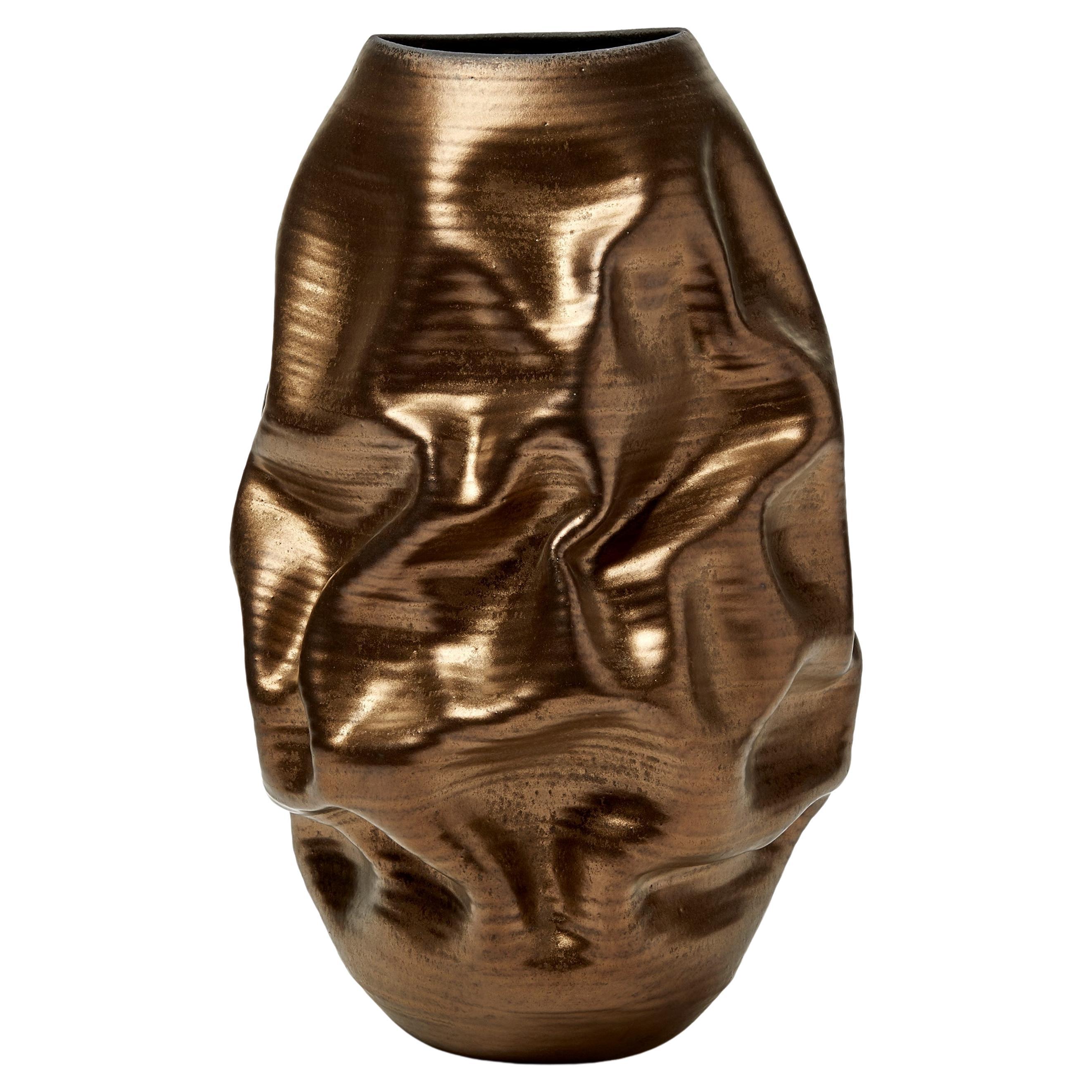 Tall Gold Crumpled Form No 97, ceramic vessel by Nicholas Arroyave-Portela For Sale