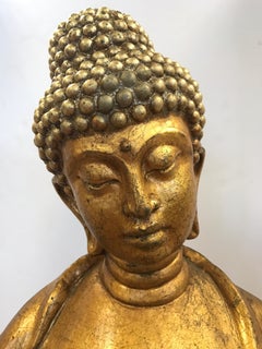 Tall Gold Gilt Polychrome Wood Standing Statue of Buddha